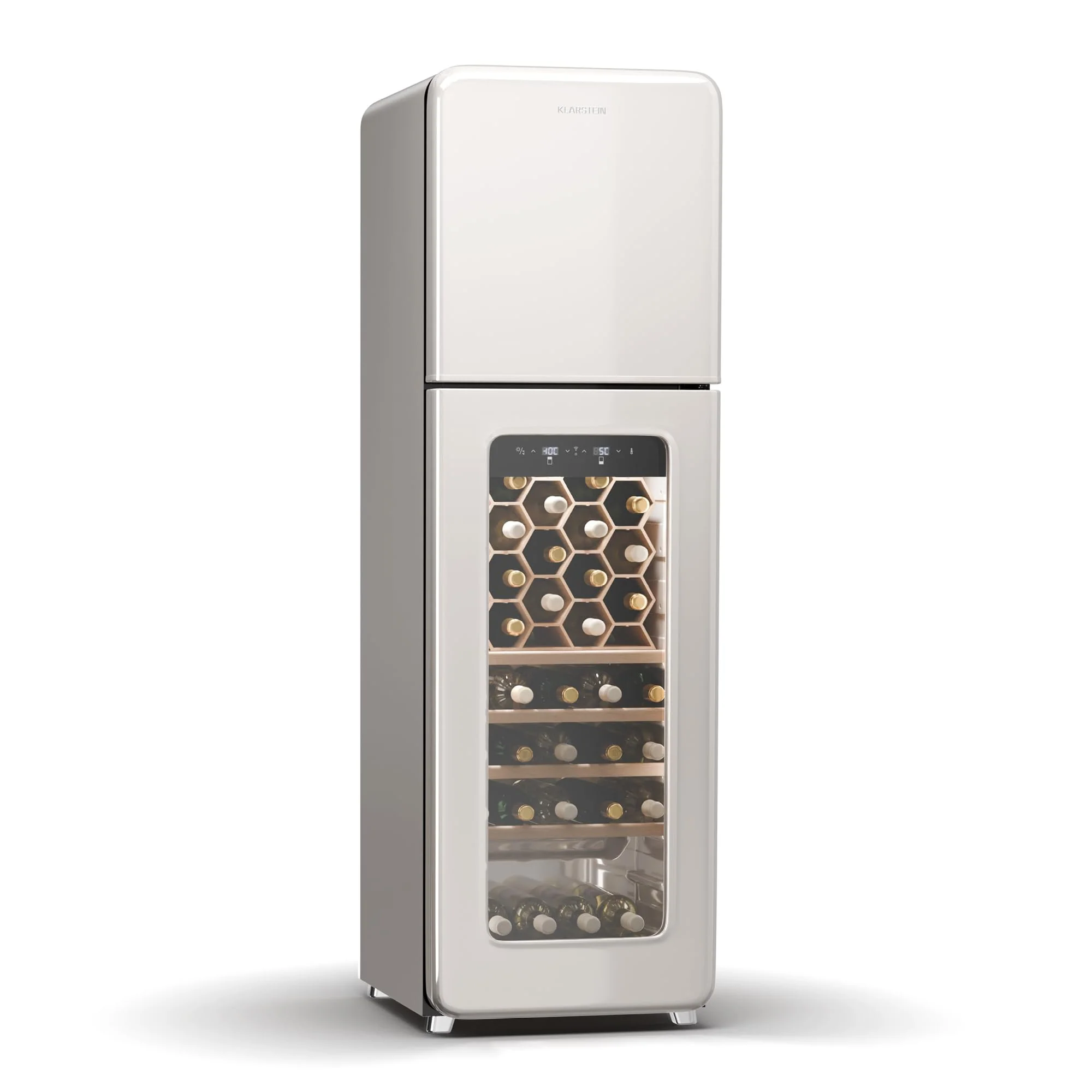 Klarstein Shirley Weinkühlschrank Mit Gefrierfach - 63 Flaschen, Zwei Zonen, –10 bis 18 °C, LED, Freistehend, Retro-Design, Hybrid-Regale, Schwarz - Image 7
