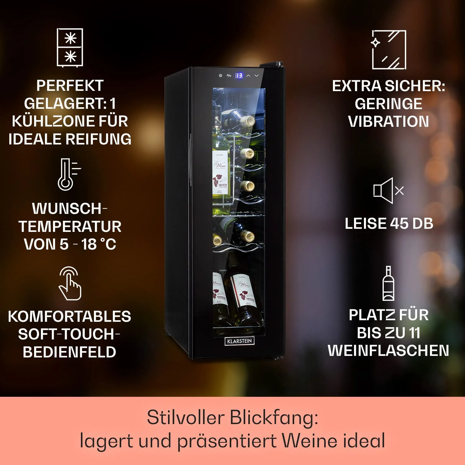 Klarstein Weinkühlschrank, 1 Zonen Getränkekühlschrank Klein, Kleiner Weinschrank 32L, Wein-Kühlschrank Klein mit Glastür, Indoor/Outdoor Flaschenkühlschrank, Wine Fridge 5-18°C, 12 Flaschen - Image 2