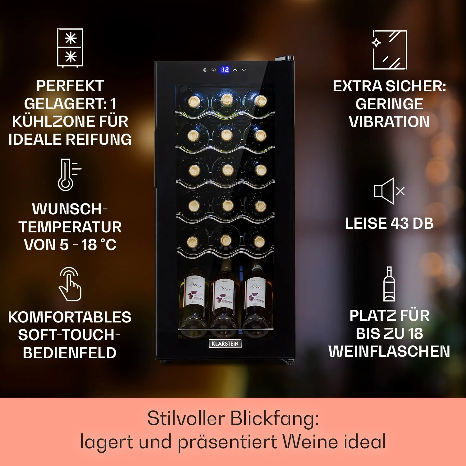 Klarstein Weinkühlschrank, 1 Zonen Getränkekühlschrank Klein, Kleiner Weinschrank 50L, Wein-Kühlschrank Klein mit Glastür, Indoor/Outdoor Flaschenkühlschrank, Wine Fridge 5-18°C, 18 Flaschen - Image 7