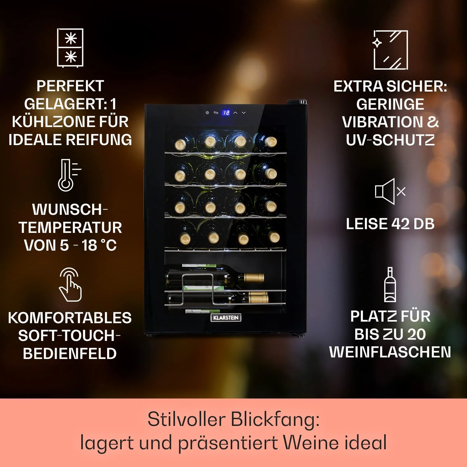 Klarstein Weinkühlschrank, 1 Zonen Getränkekühlschrank Klein, Kleiner Weinschrank 53L, Wein-Kühlschrank Klein mit Glastür, Indoor/Outdoor Flaschenkühlschrank, Wine Fridge 5-18°C, 20 Flaschen - Image 5