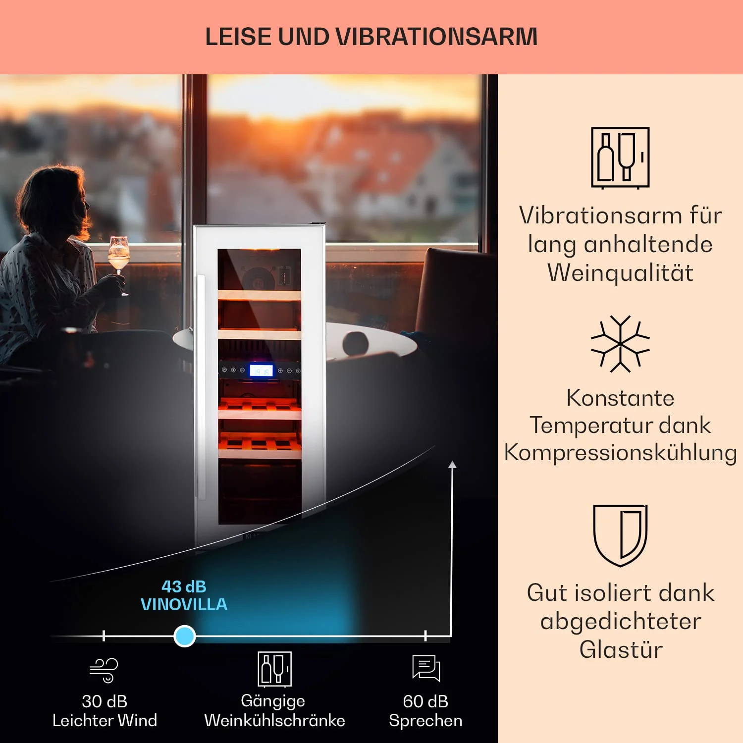 Klarstein Weinkühlschrank 2 Zonen, 53L Getränkekühlschrank, Kleiner Einbau-Weinschrank Schmal, Wein-Kühlschrank mit Glastür, Indoor/Outdoor Flaschenkühlschrank, Wine Fridge für 17 Flaschen - Image 7