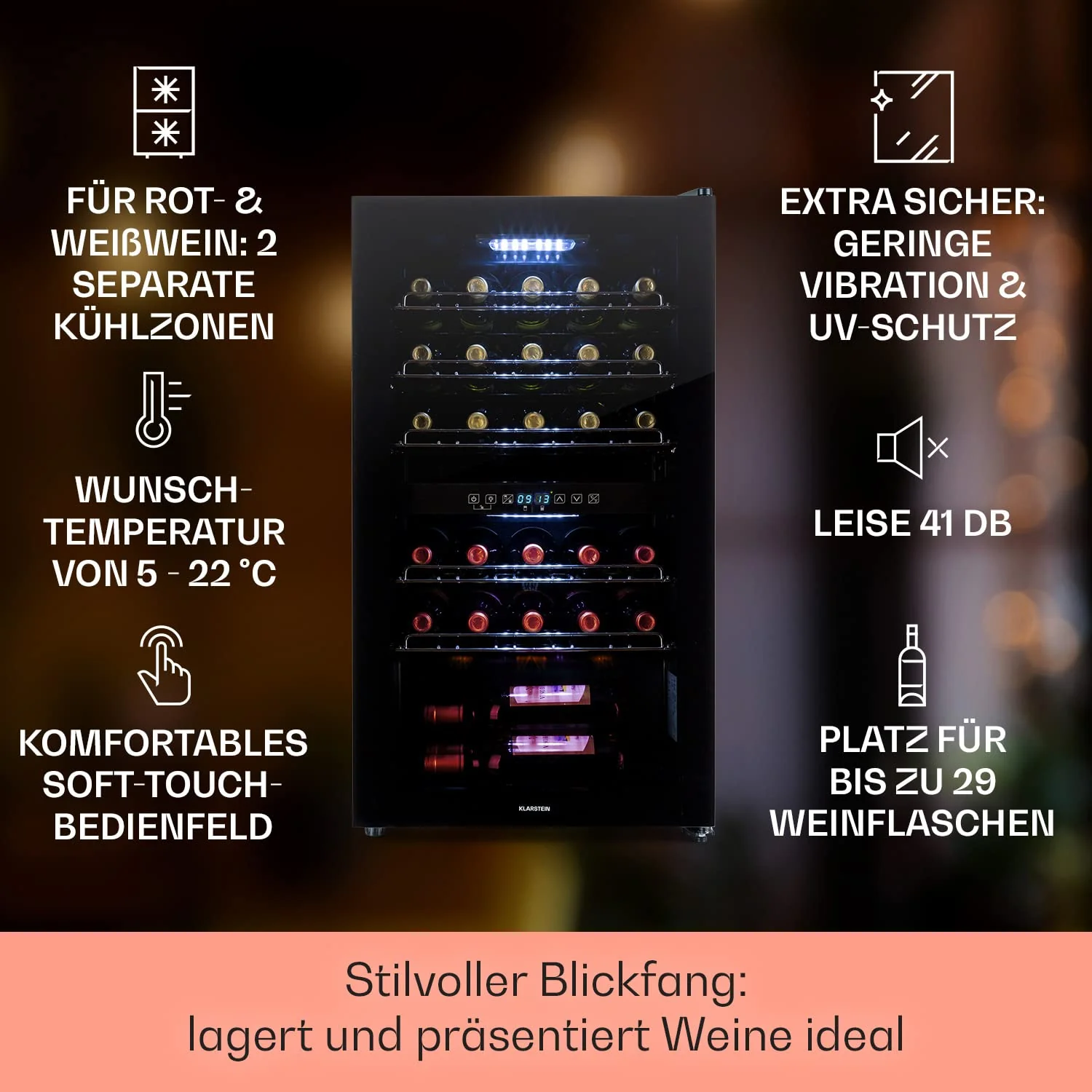 Klarstein Weinkühlschrank, 2 Zonen Getränkekühlschrank Klein, Freistehender Kleiner Weinschrank 80L, Wein-Kühlschrank mit Glastür, Indoor/Outdoor Flaschenkühlschrank, Wine Fridge 29 Flaschen - Image 4