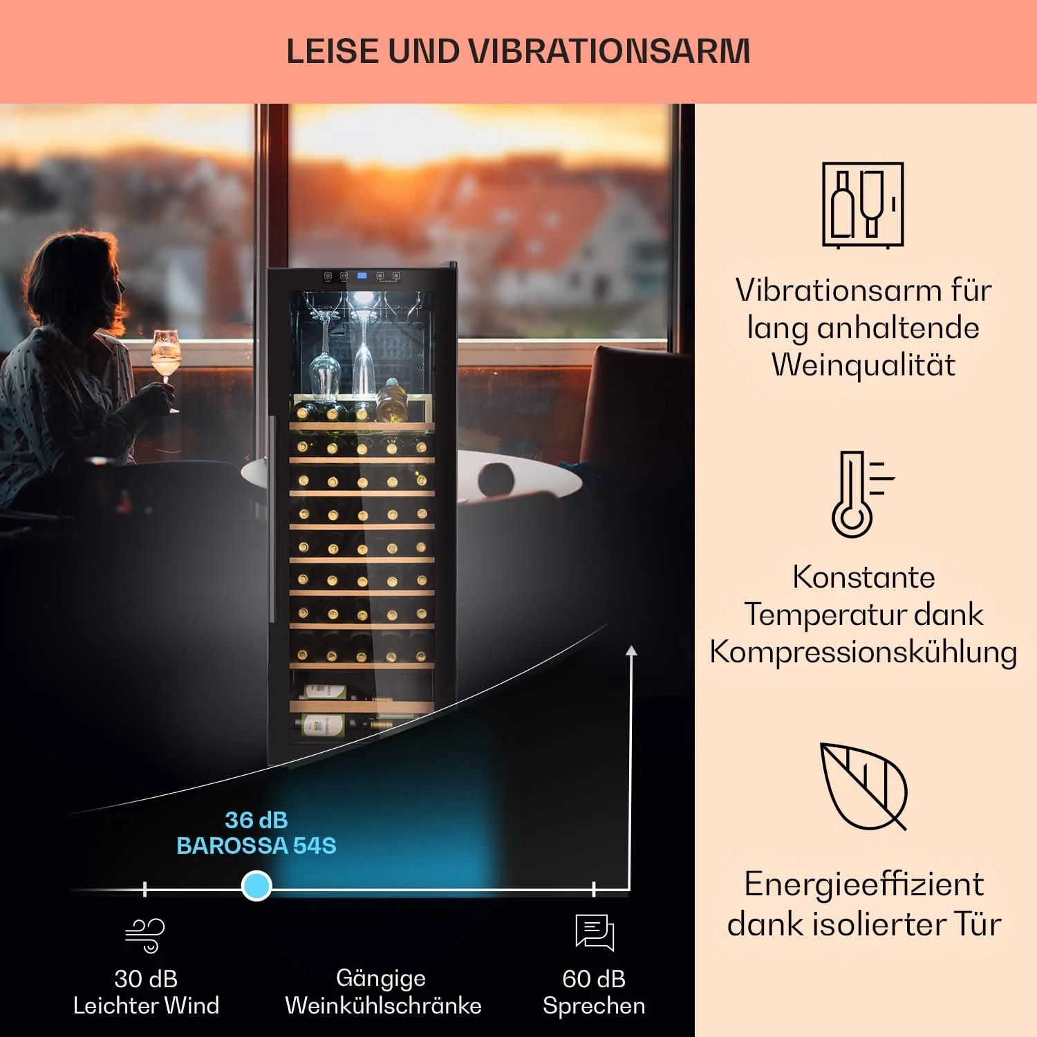 Klarstein Weinkühlschrank, Getränkekühlschrank Schmal, 1 Zone Kühlschrank mit Glastür, Getränkekühlschränke Freistehend, Weinkühlschrank Klein, Weinkühlschränke mit UV-Schutz, 4-18°C, 54 Flaschen - Image 3