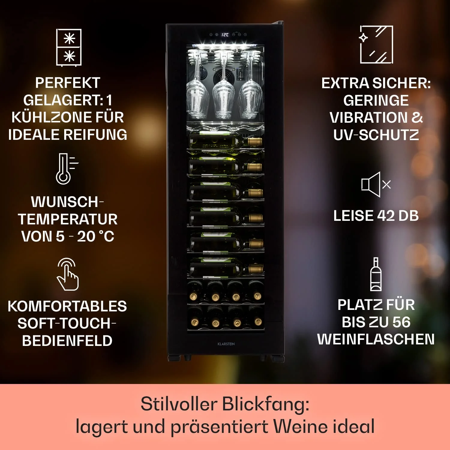 Klarstein Weinkühlschrank, Getränkekühlschrank Schmal, 1 Zone Kühlschrank mit Glastür, Getränkekühlschränke Freistehend, Weinkühlschrank Klein, Weinkühlschränke mit UV-Schutz, 5-20 °C, 56 Flaschen - Image 4