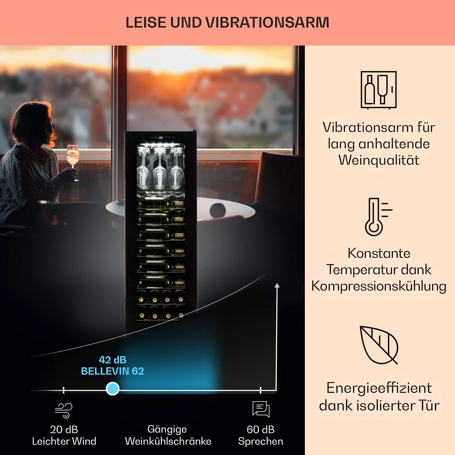 Klarstein Weinkühlschrank, Getränkekühlschrank Schmal, 1 Zone Kühlschrank mit Glastür, Getränkekühlschränke Freistehend, Weinkühlschrank Klein, Weinkühlschränke mit UV-Schutz, 5-20 °C, 56 Flaschen - Image 5