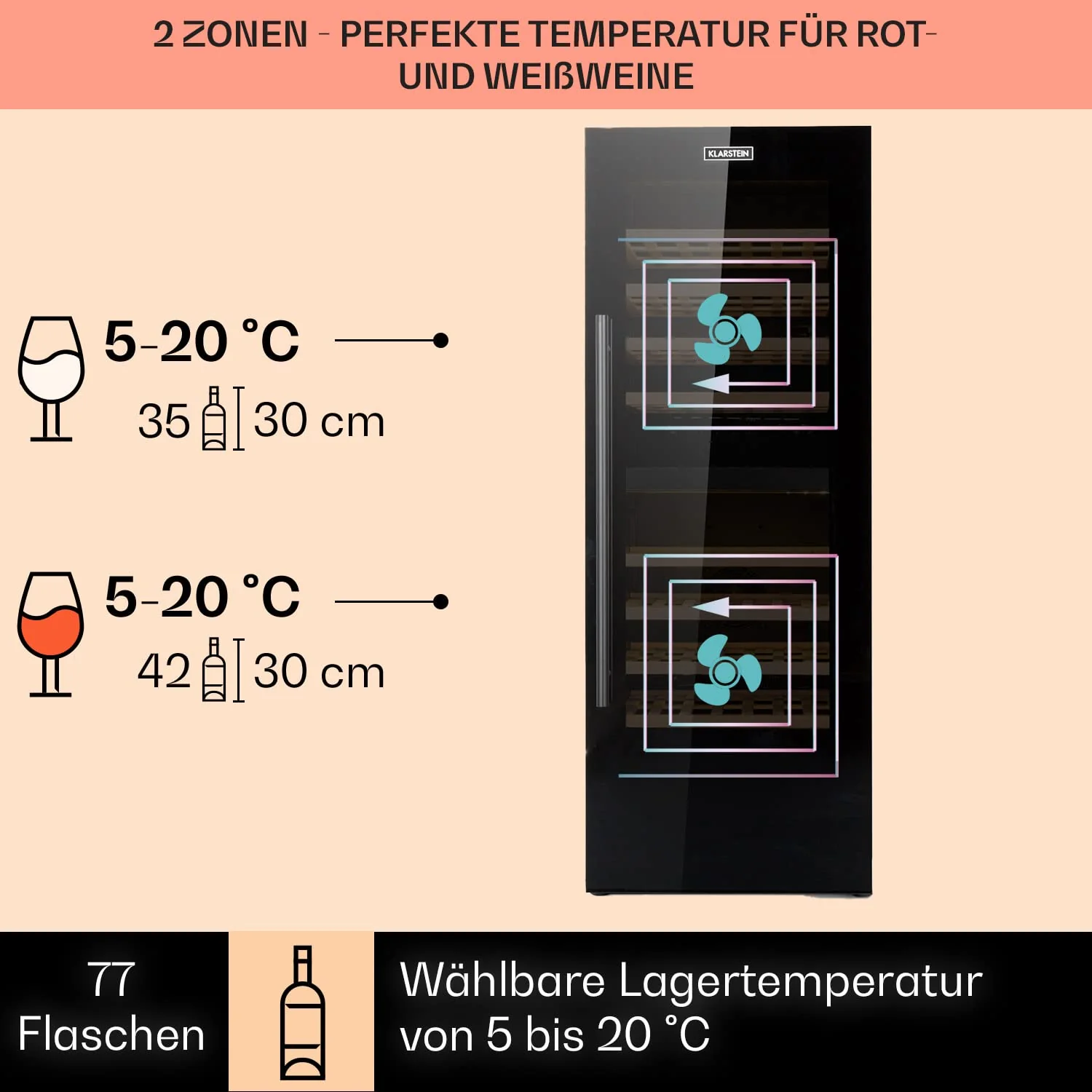 Klarstein Weinkühlschrank, Getränkekühlschrank Schmal, 2 Zonen Kühlschrank mit Glastür, Getränkekühlschränke Freistehend, Weinkühlschrank Klein, Weinkühlschränke mit UV-Schutz, 5-20°C, 77 Flaschen