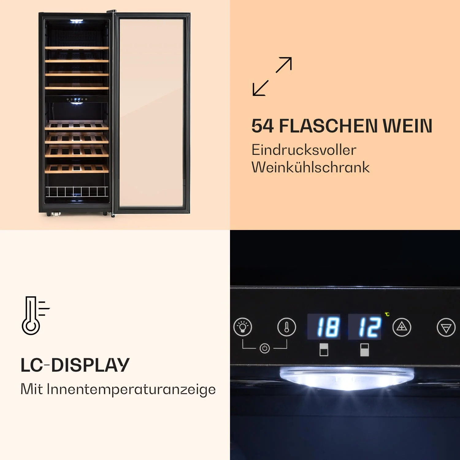 Klarstein Weinkühlschrank, Getränkekühlschrank Schmal, Kühlschrank mit Glastür, Getränkekühlschränke Freistehend, Weinkühlschrank Klein, Weinkühlschränke 2 Zonen, LED-Beleuchtung, 5-18 °C, 54 Flaschen - Image 2
