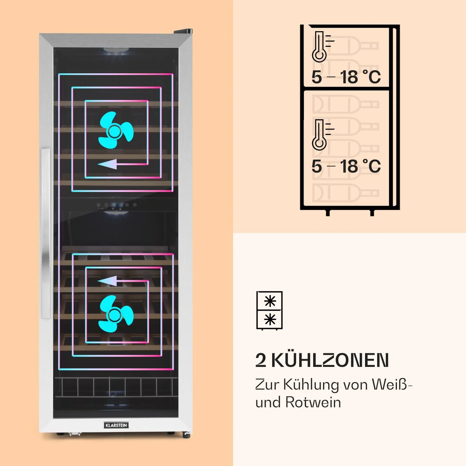 Klarstein Weinkühlschrank, Getränkekühlschrank Schmal, Kühlschrank mit Glastür, Getränkekühlschränke Freistehend, Weinkühlschrank Klein, Weinkühlschränke 2 Zonen, LED-Beleuchtung, 5-18 °C, 54 Flaschen - Image 6