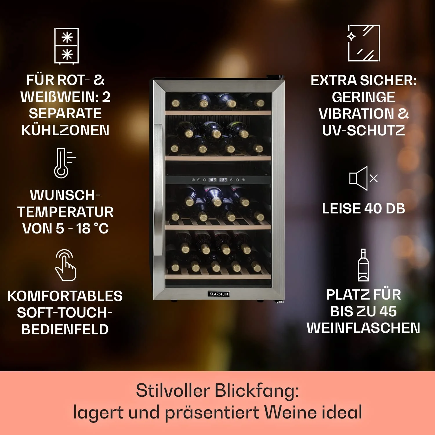 Klarstein Weinkühlschrank, Getränkekühlschrank Schmal, Kühlschrank mit Glastür, Getränkekühlschränke Freistehend, Weinkühlschrank Klein, Weinkühlschränke 2 Zonen, UV-Schutz, 5-18 °C, 45 Flaschen - Image 3