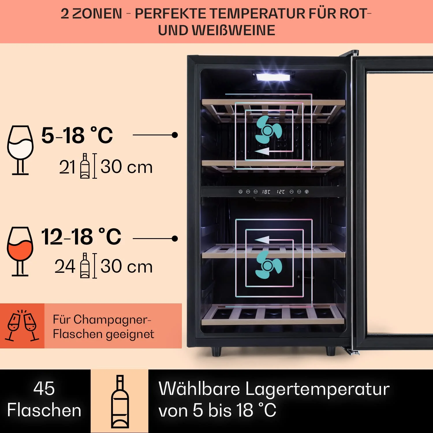 Klarstein Weinkühlschrank, Getränkekühlschrank Schmal, Kühlschrank mit Glastür, Getränkekühlschränke Freistehend, Weinkühlschrank Klein, Weinkühlschränke 2 Zonen, UV-Schutz, 5-18 °C, 45 Flaschen - Image 5