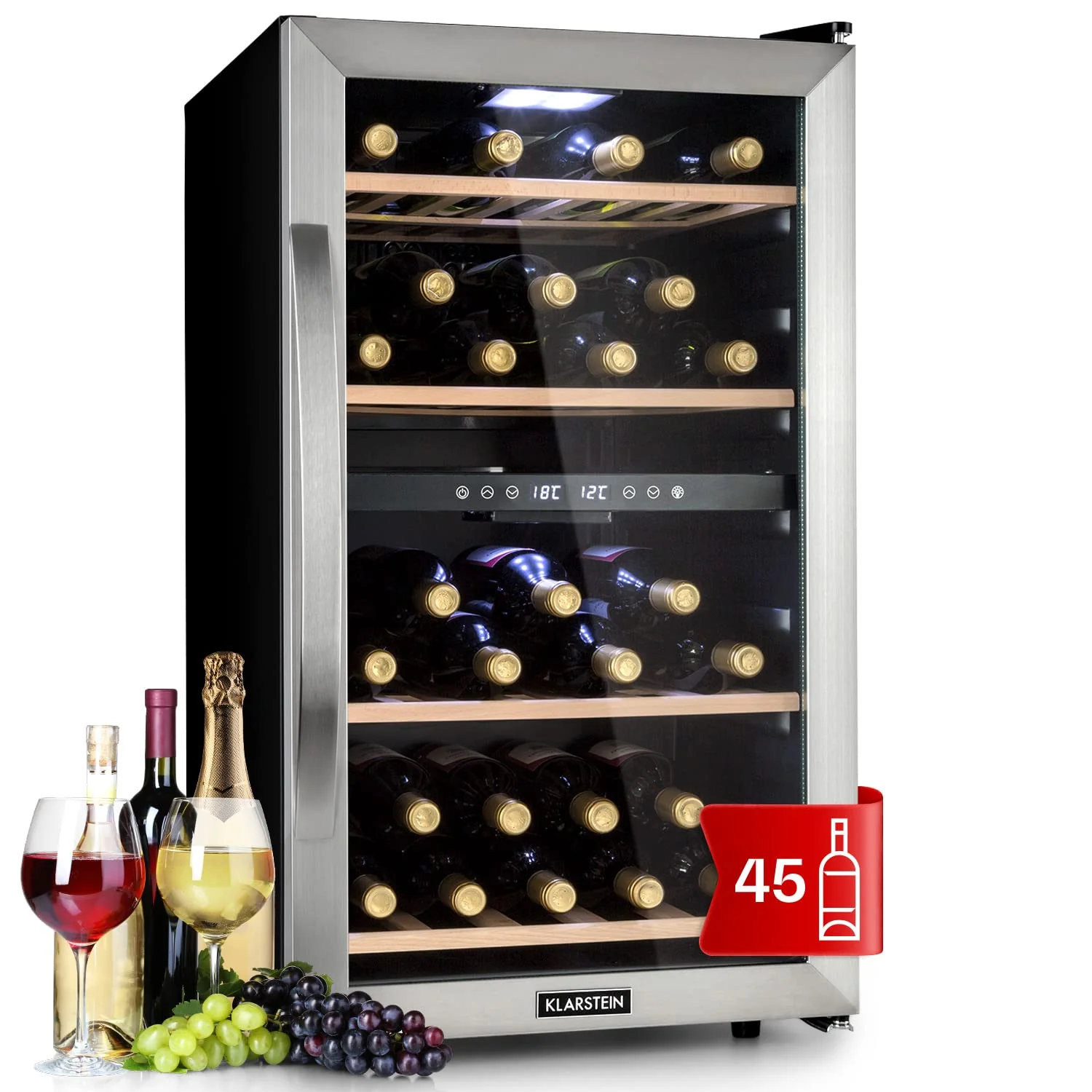 Klarstein Weinkühlschrank, Getränkekühlschrank Schmal, Kühlschrank mit Glastür, Getränkekühlschränke Freistehend, Weinkühlschrank Klein, Weinkühlschränke 2 Zonen, UV-Schutz, 5-18 °C, 45 Flaschen - Image 7