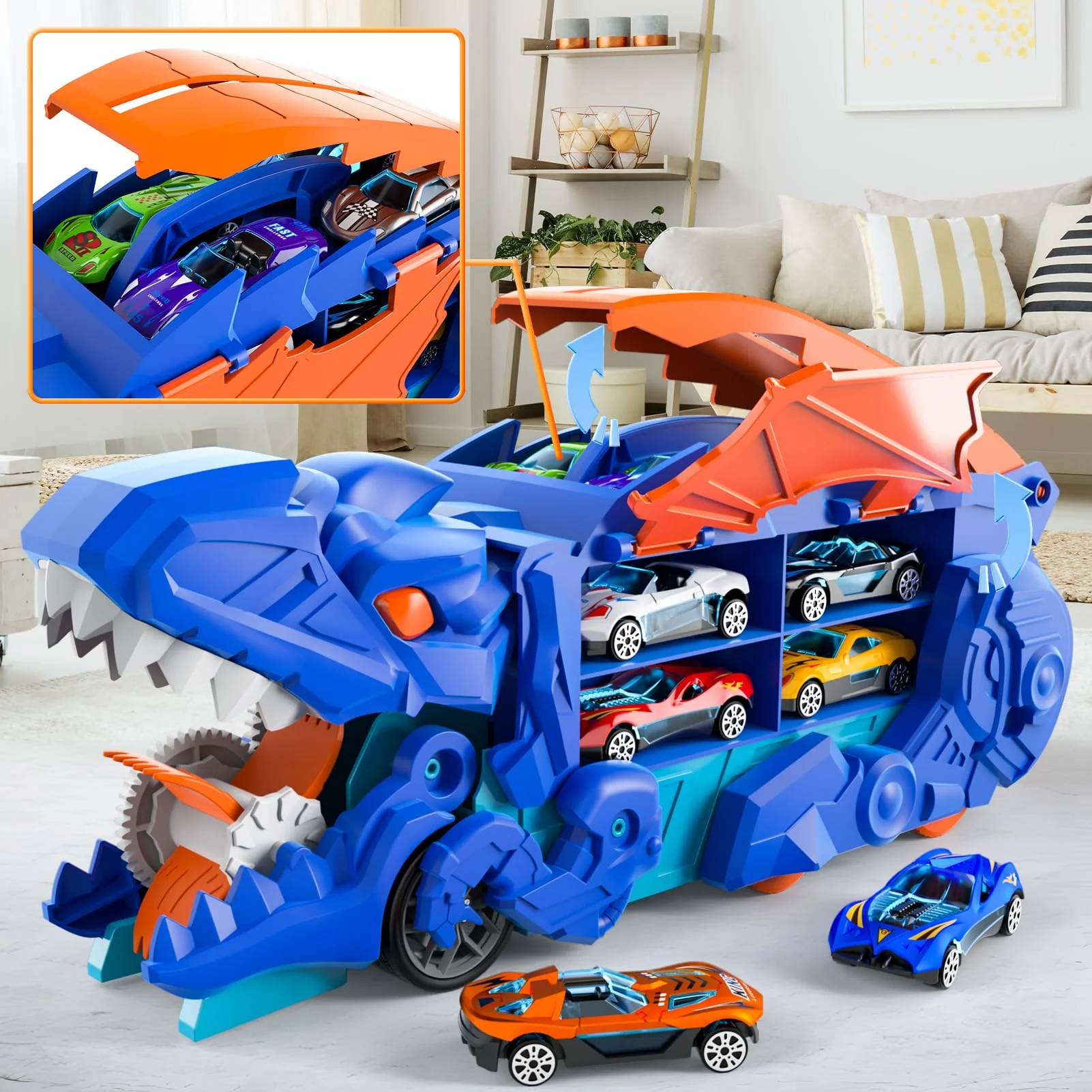 Kleinkind Auto Spielzeug für 3-6 Jahre Alte Jungen - Dinosaurier Transporter LKW Mit 10 Druckguss Autos, Verwandelt Sich in Dino - Für Kinder - Image 3