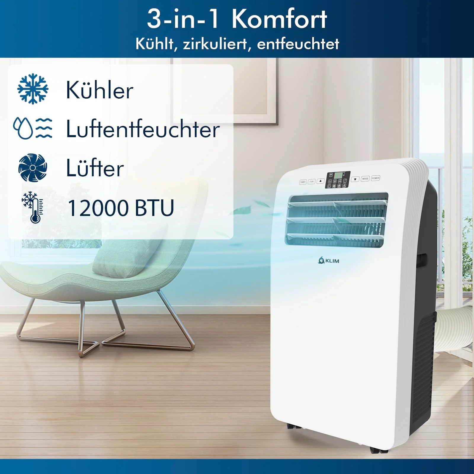 KLIM AC12000 | Leistungsstarke und Leise Mobile Klimaanlage mit 12.000 BTU + NEU 2024 + mit Integrierter Entfeuchtungsfunktion, Ventilator und Kühlmodus + Fernbedienung + 5 JAHRE SCHUTZ - Image 7