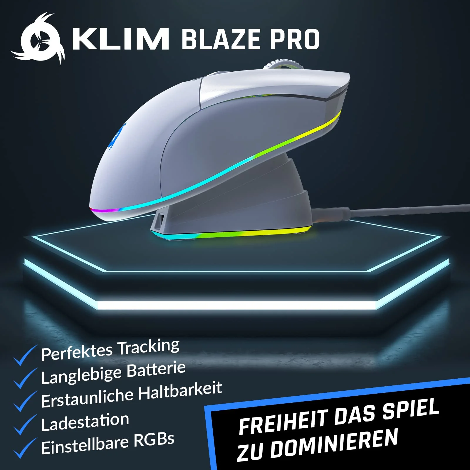 KLIM Blaze Pro – Gaming-Maus, kabellos, RGB wiederaufladbar, mit Ladestation – Neuheit 2024 – Hochpräziser Sensor mit Langer Akkulaufzeit – 6000 DPI – kabelgebundene und kabellose Maus – Weiß - Image 4