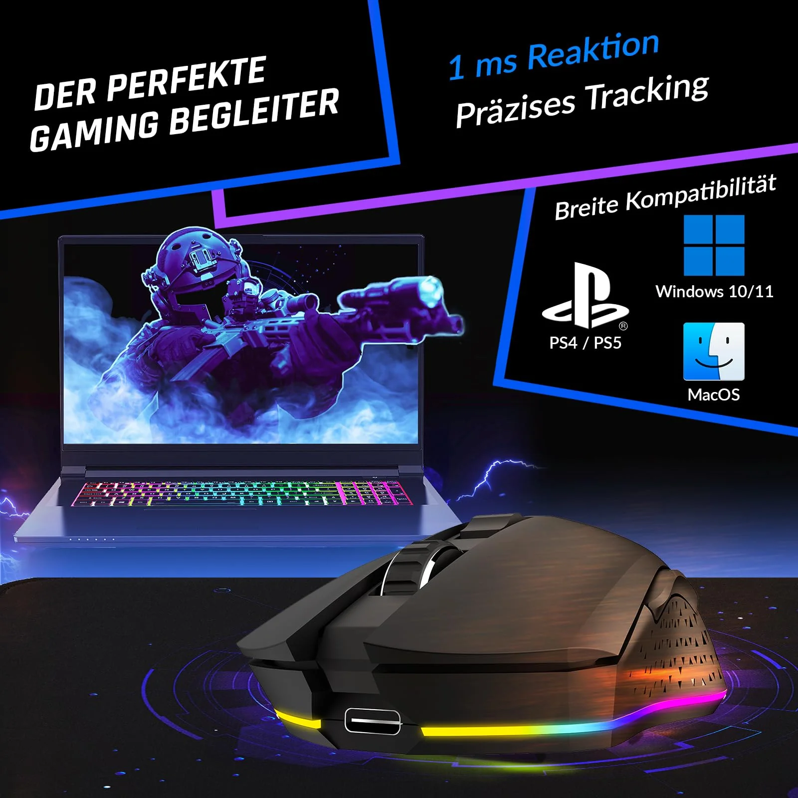 KLIM Blaze - Wiederaufladbare kabellose RGB Gaming Maus - NEU 2023 - Hochpräziser Sensor mit Langer Akkudauer - Einstellbar auf bis zu 10000 DPI - Kabel- und Funk Maus Modus (Schwarz) - Image 3