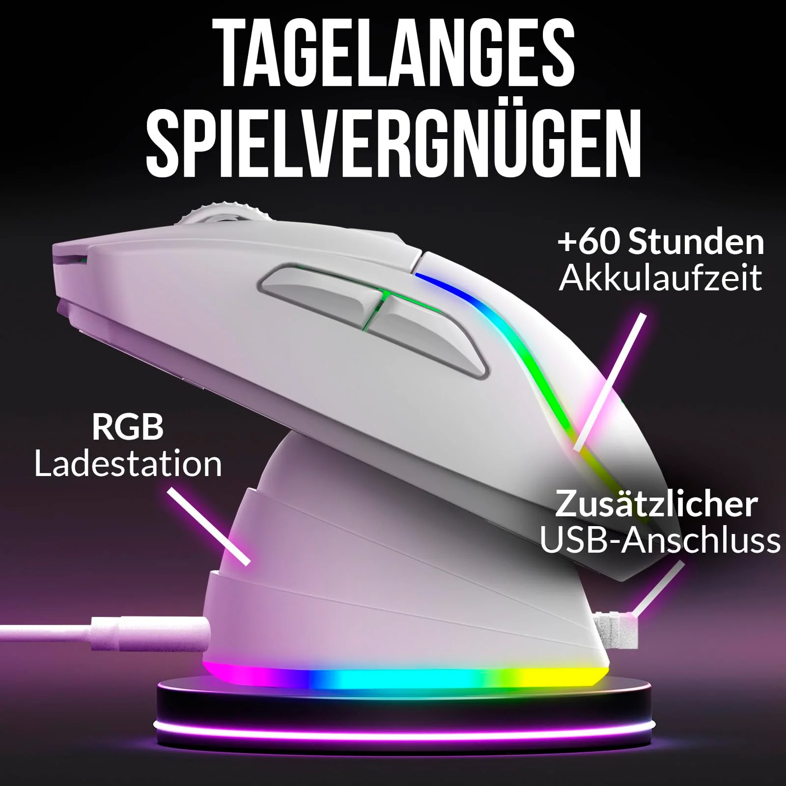 KLIM Blaze Y Wiederaufladbare kabellose Maus - NEU - Gaming Maus mit RGB und Ladestation - Hochpräziser Sensor und langlebiger Akku - Bis zu 6000 DPI - Kabel- und Wireless Mouse für PC - Weiß - Image 6
