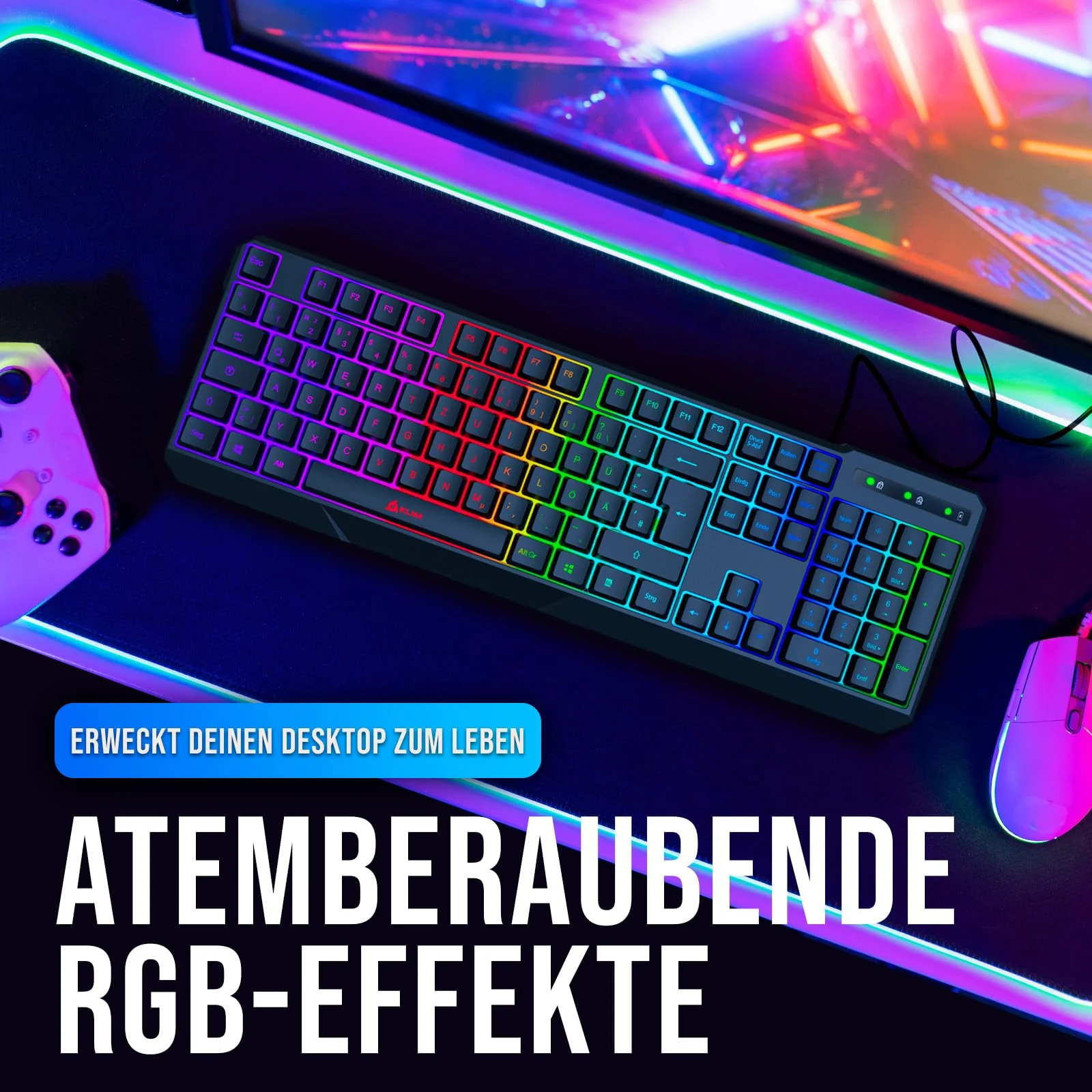 KLIM Chroma Gaming Tastatur QWERTZ DEUTSCH mit Kabel USB - NEU - Langlebig, Ergonomisch, Wasserdicht, Leise Tasten - RGB Gamer Tastatur für PC Mac Xbox One X PS4 Tastatur - Schwarz - Image 2