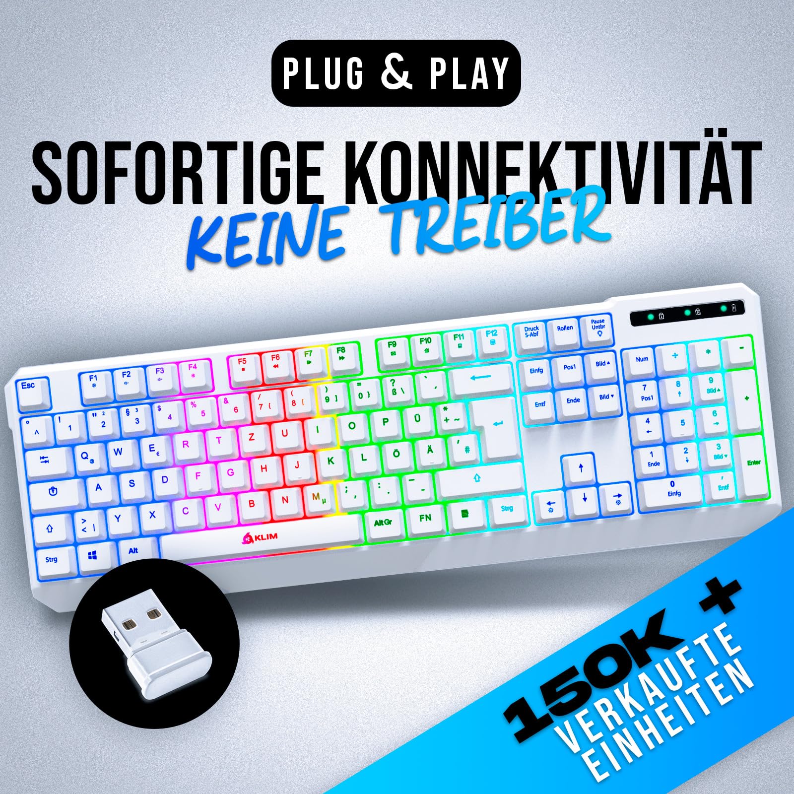 KLIM Chroma Wireless Gaming Tastatur Kabellos QWERTZ DEUTSCH - NEU 2024 - Langlebig, Ergonomisch, Wasserdicht, Leise - RGB Kabellose Tastatur Gaming für PC PS4 PS5 Mac - Weiß - Image 2