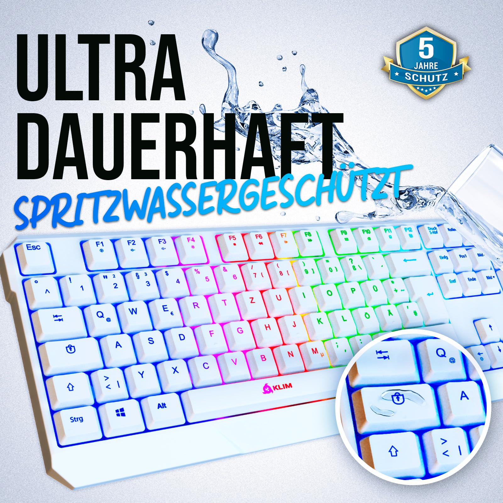 KLIM Chroma Wireless Gaming Tastatur Kabellos QWERTZ DEUTSCH - NEU 2024 - Langlebig, Ergonomisch, Wasserdicht, Leise - RGB Kabellose Tastatur Gaming für PC PS4 PS5 Mac - Weiß - Image 3