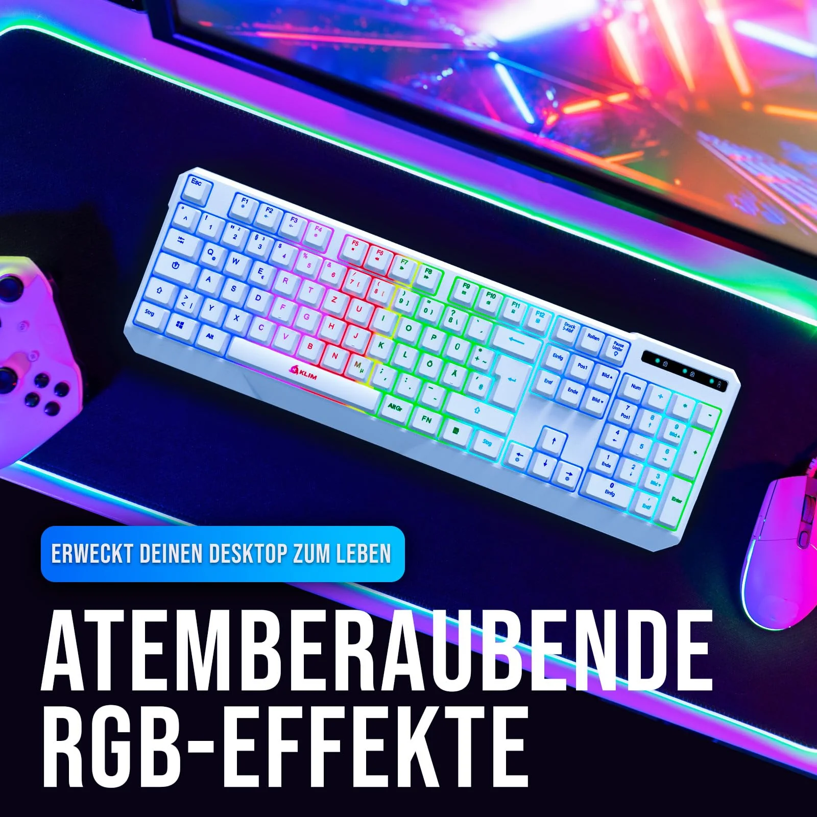 KLIM Chroma Wireless Gaming Tastatur Kabellos QWERTZ DEUTSCH - NEU 2024 - Langlebig, Ergonomisch, Wasserdicht, Leise - RGB Kabellose Tastatur Gaming für PC PS4 PS5 Mac - Weiß - Image 4