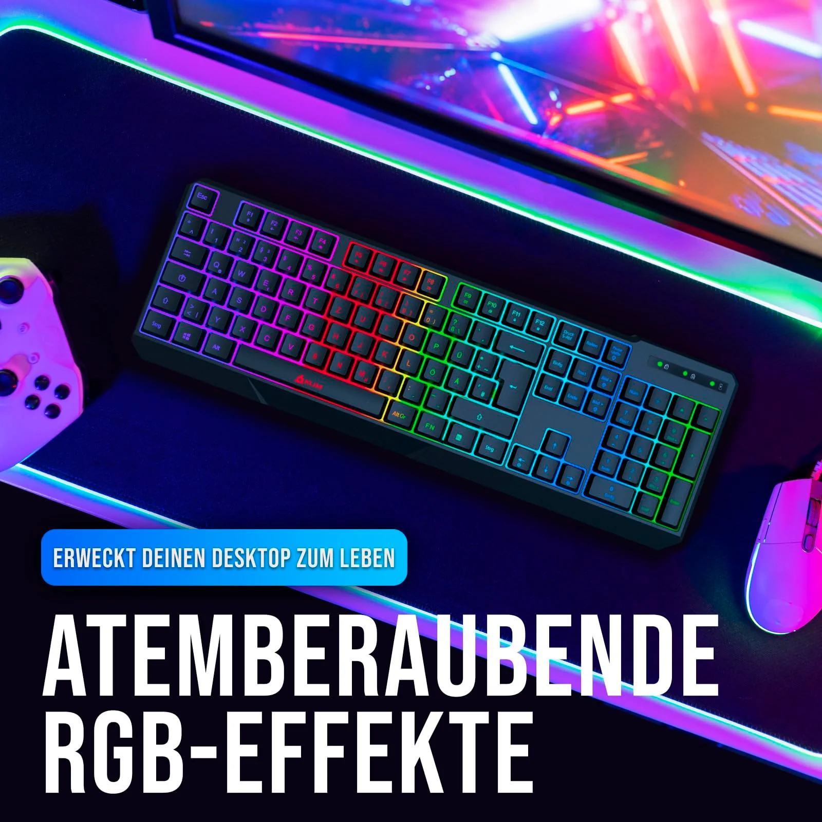 KLIM Chroma Wireless Gaming Tastatur Kabellos QWERTZ DEUTSCH - NEU - Langlebig, Ergonomisch, Wasserdicht, Leise - RGB Kabellose Tastatur Gaming für PC PS4 PS5 Mac - Schwarz - Image 4