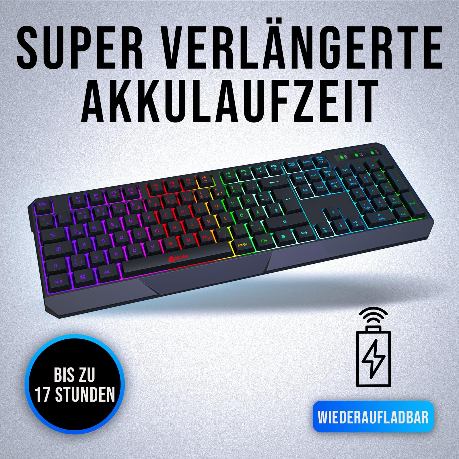 KLIM Chroma Wireless Gaming Tastatur Kabellos QWERTZ DEUTSCH - NEU - Langlebig, Ergonomisch, Wasserdicht, Leise - RGB Kabellose Tastatur Gaming für PC PS4 PS5 Mac - Schwarz - Image 6