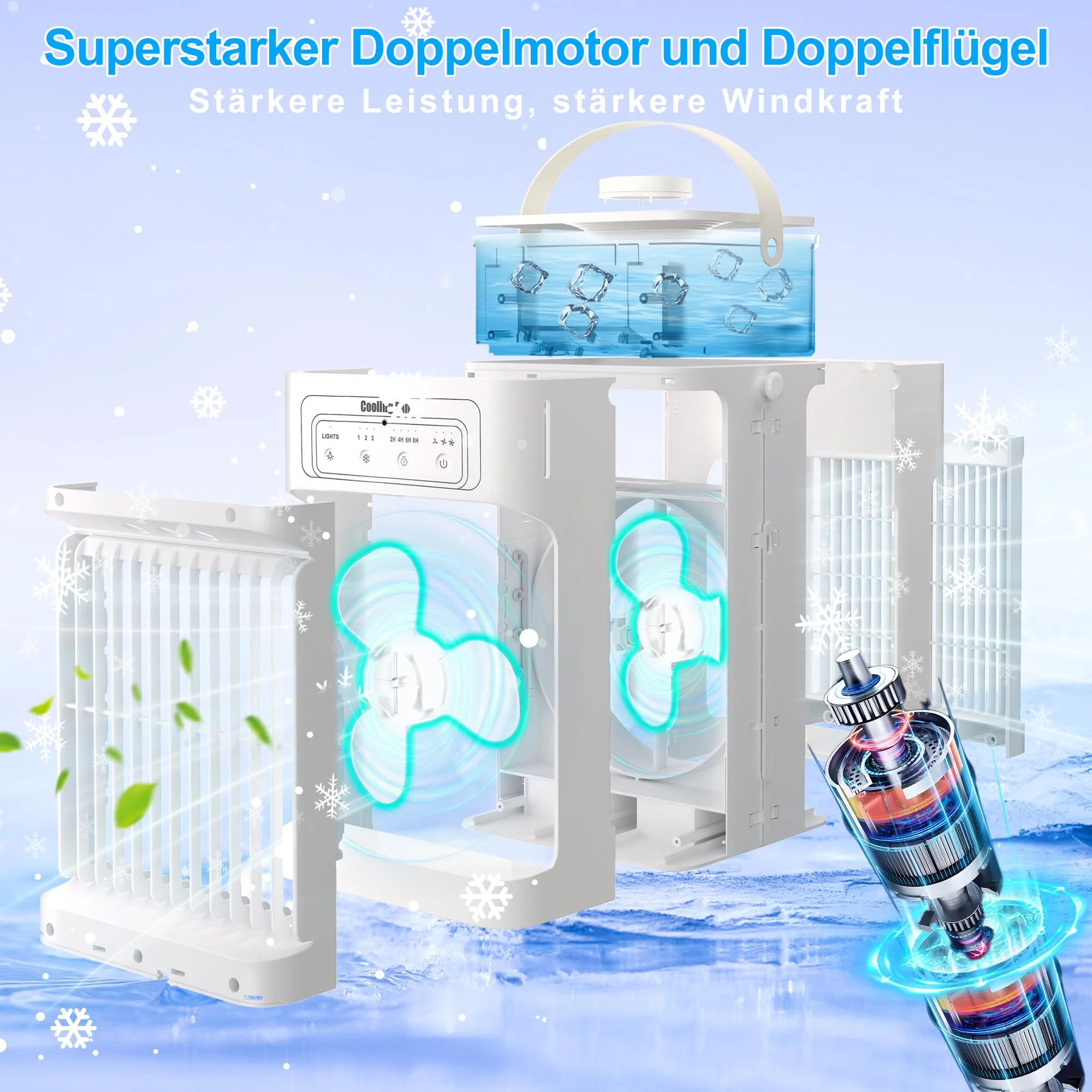 Klimaanlage Mobil, 4-in-1 Mobile Klimaanlage, Ventilator mit Wasserkühlung 1100ml Wassertank, Air Conditioner mit 3 Windgeschwindigkeiten,7 Farben Licht 3 Sprühfunktion, 2-8H Timer für Schlafzimmer