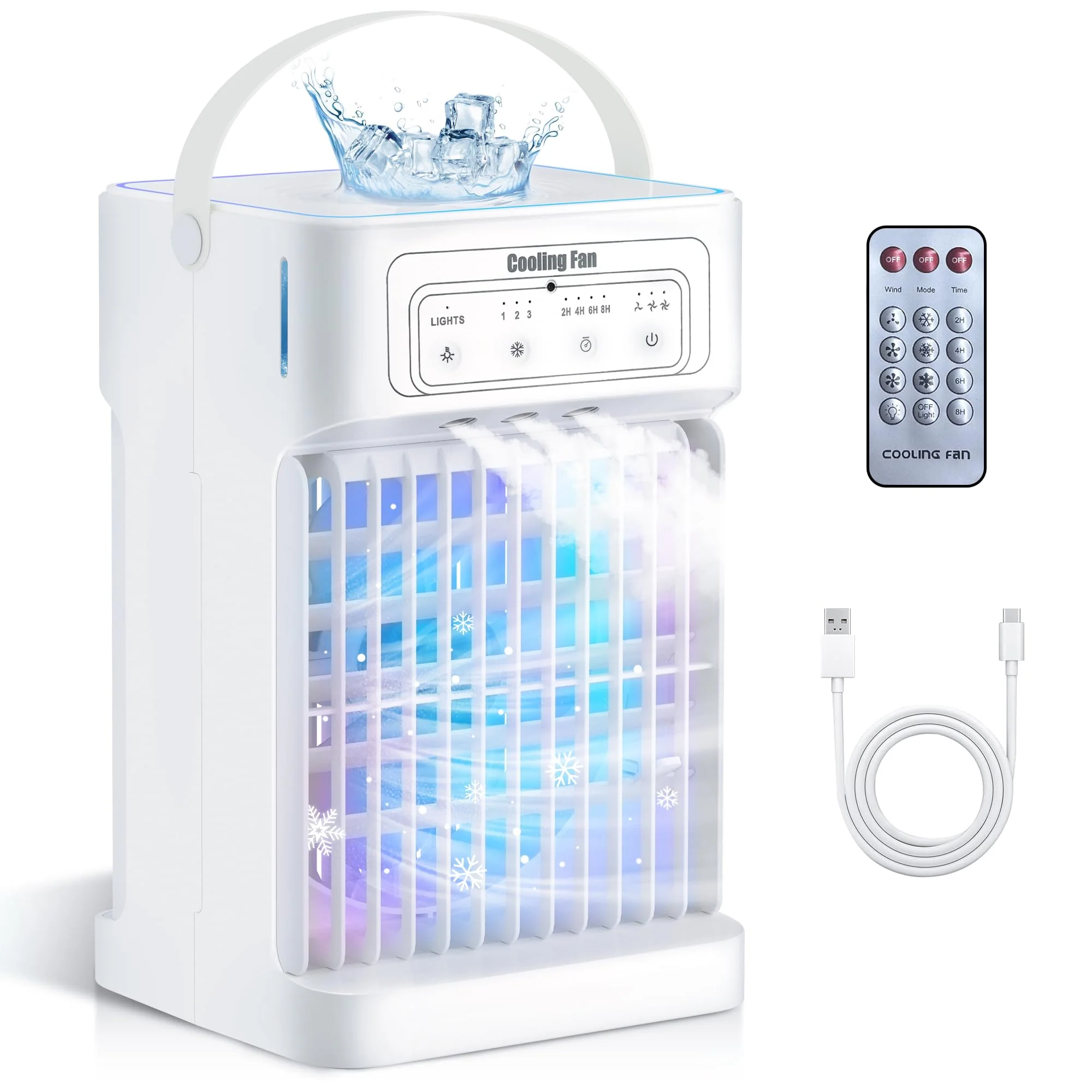 Klimaanlage Mobil, 4-in-1 Mobile Klimaanlage, Ventilator mit Wasserkühlung 1100ml Wassertank, Air Conditioner mit 3 Windgeschwindigkeiten,7 Farben Licht 3 Sprühfunktion, 2-8H Timer für Schlafzimmer - Image 2