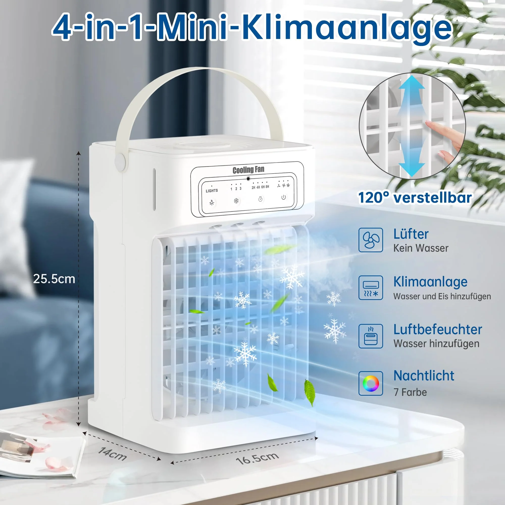 Klimaanlage Mobil, 4-in-1 Mobile Klimaanlage, Ventilator mit Wasserkühlung 1100ml Wassertank, Air Conditioner mit 3 Windgeschwindigkeiten,7 Farben Licht 3 Sprühfunktion, 2-8H Timer für Schlafzimmer - Image 4