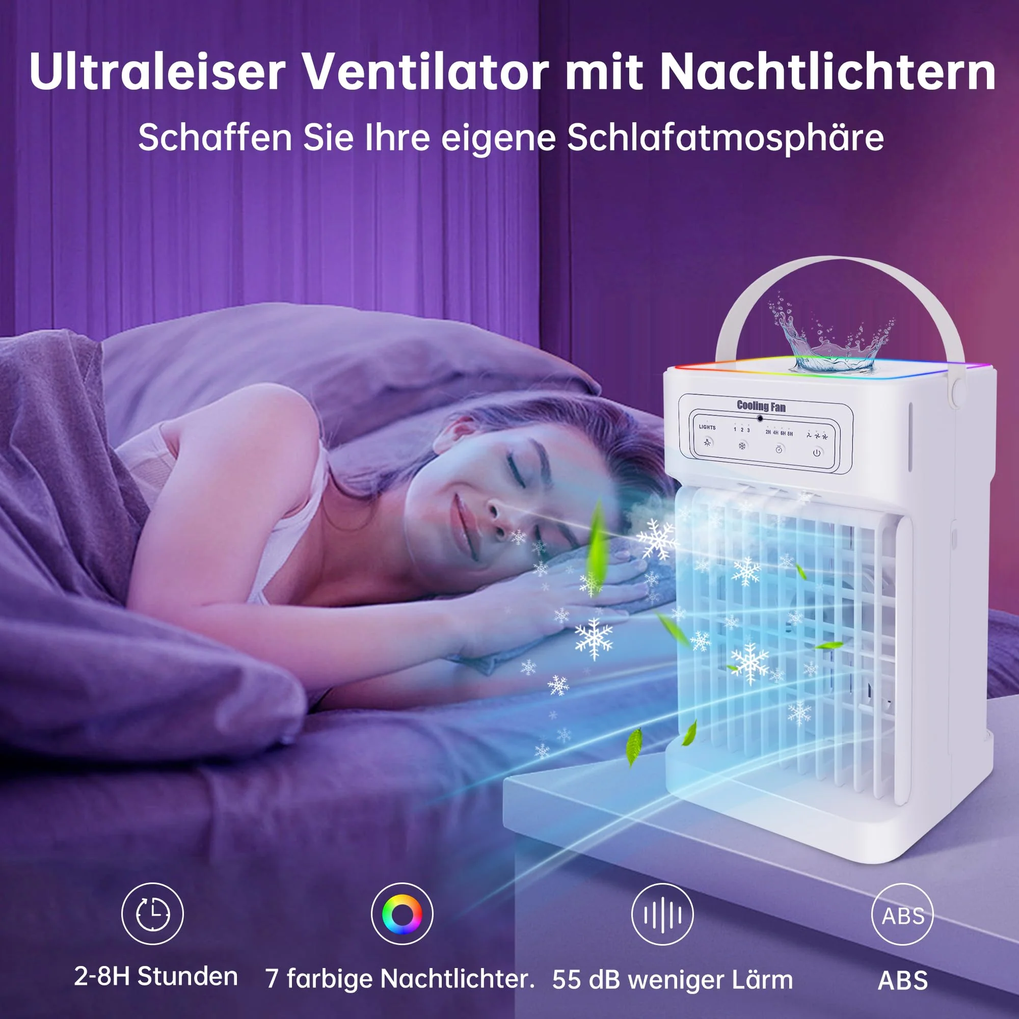 Klimaanlage Mobil, 4-in-1 Mobile Klimaanlage, Ventilator mit Wasserkühlung 1100ml Wassertank, Air Conditioner mit 3 Windgeschwindigkeiten,7 Farben Licht 3 Sprühfunktion, 2-8H Timer für Schlafzimmer - Image 6