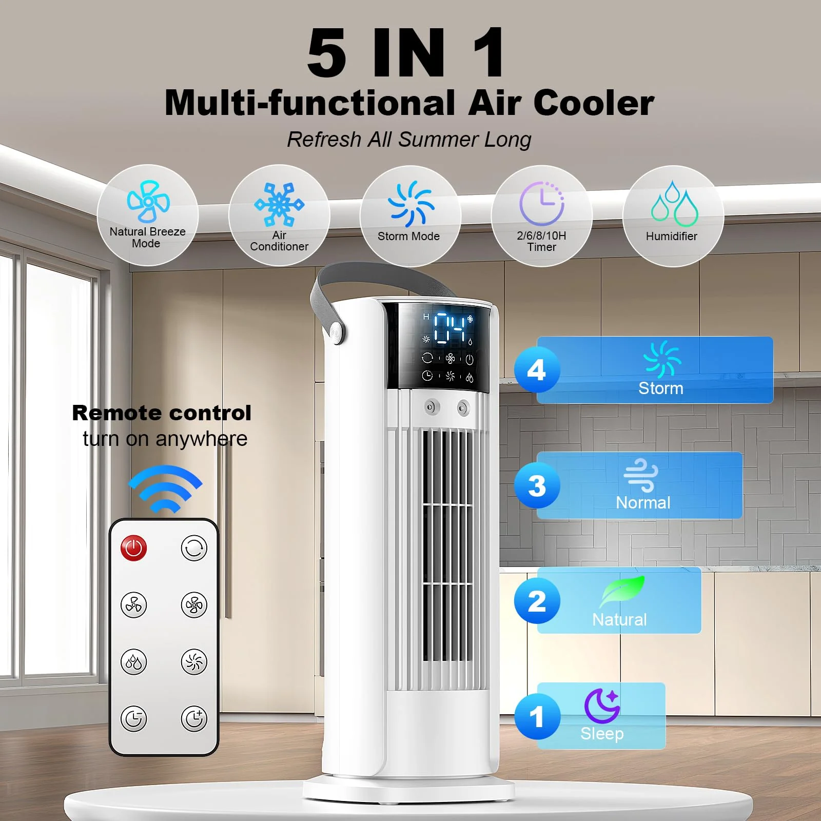 Klimaanlage Mobil, 4-in-1 Mobiles Klimagerät, Turmventilator Luftkühler mit Wasserkühlung Wassertank, 4 Windgeschwindigkeiten, 90°Oszillation,10H Timer, Fernbedienung, Leise für Zuhause - Image 7