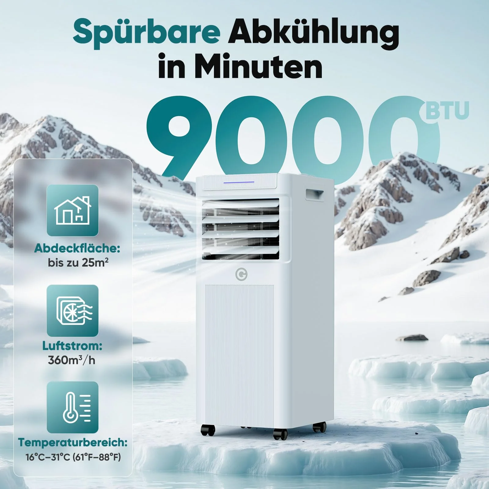 Klimaanlage Mobil 9000 BTU, 3-in-1 Mobile Klimaanlage mit Abluftschlauch,Kühlen,Entfeuchten, Luftzirkulation, LED Display&Fernbedienung, 24h-Timer, Leise&Energieeffizient, Für Räume bis zu 88 m³(33㎡) - Image 4