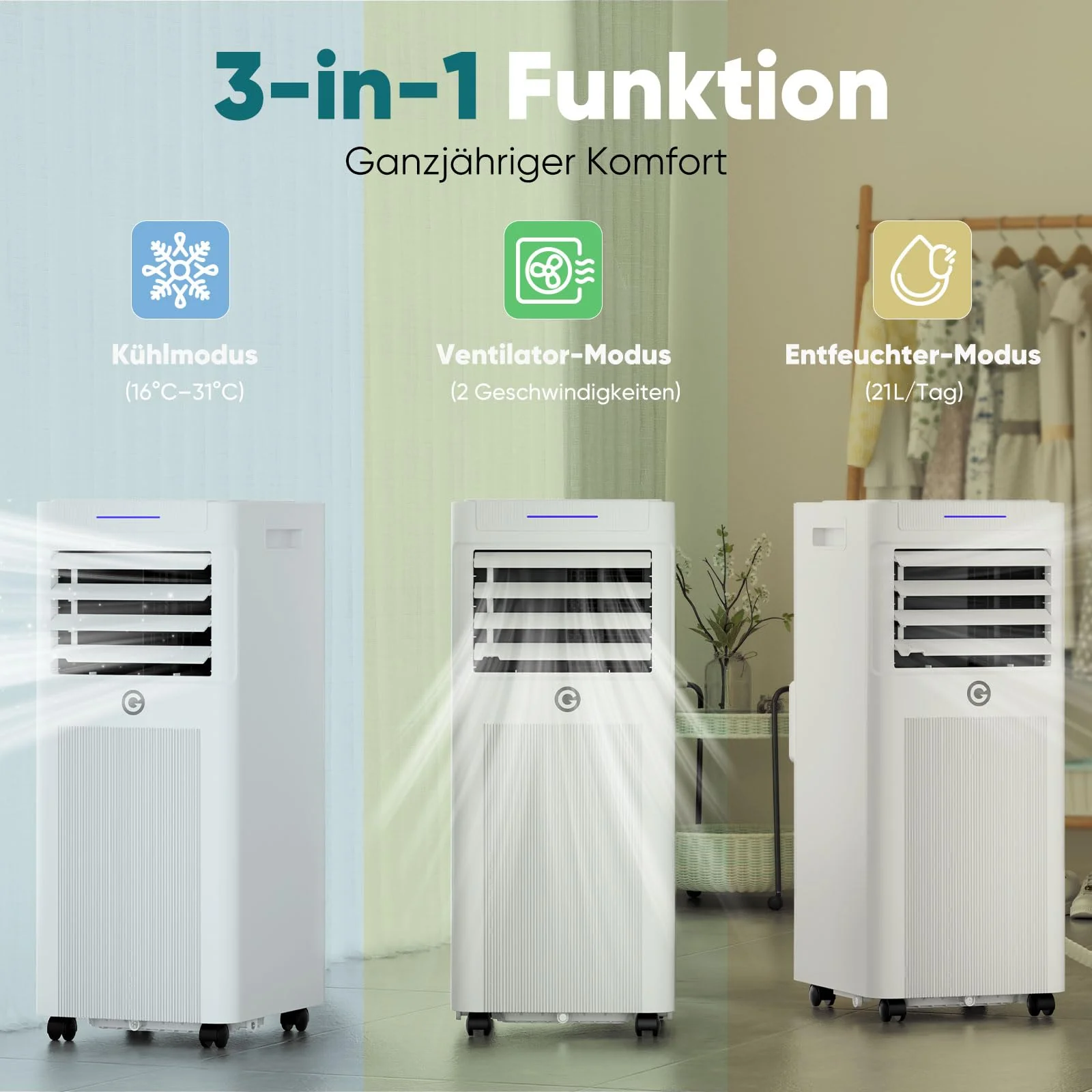 Klimaanlage Mobil 9000 BTU, 3-in-1 Mobile Klimaanlage mit Abluftschlauch,Kühlen,Entfeuchten, Luftzirkulation, LED Display&Fernbedienung, 24h-Timer, Leise&Energieeffizient, Für Räume bis zu 88 m³(33㎡) - Image 7