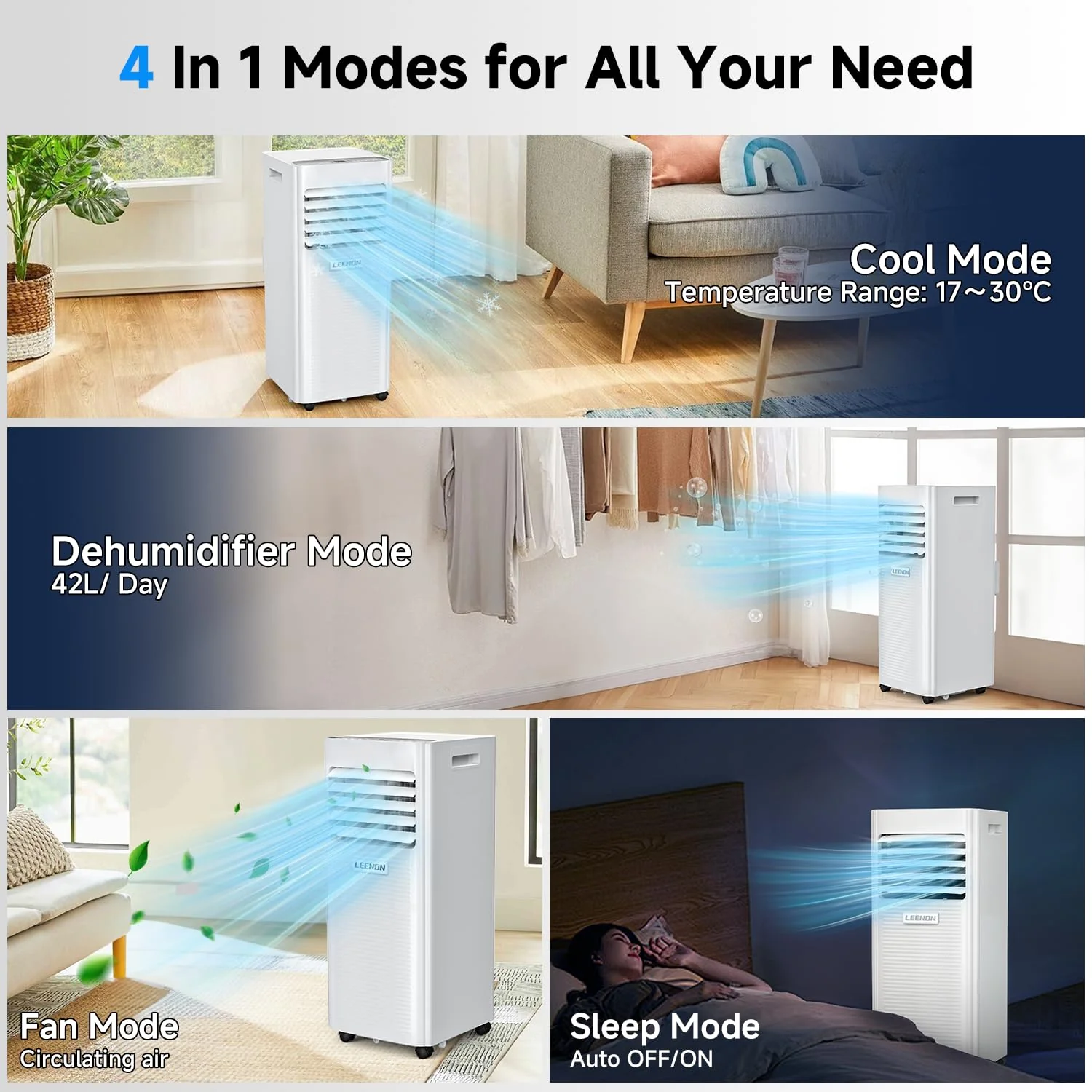 Klimaanlage Mobil 9000 BTU, LEENON Mobil Klimagerät 4 in 1 Kühlen Entfeuchten Ventilato& Schlafmodus, 2.6KW Mobile Klimaanlage mit Abluftschlauch, Fernbedienung/24h Time für Zuhause Bür bis zu 35 m² - Image 7
