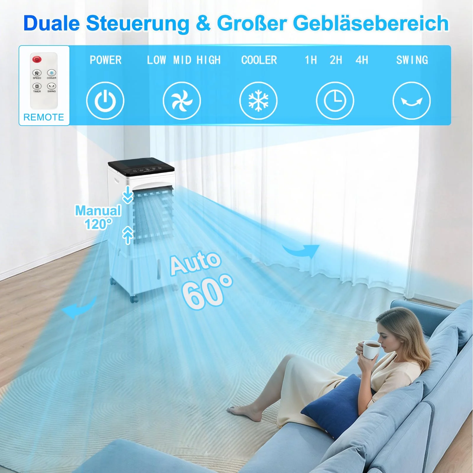 Klimagerät ohne Abluftschlauch, 10L 60W Klimaanlage Mobil mit 12H Timer, 40dB, 120°Oszillation, Abnehmbare Wassertank, Fernbedienung, Leise Portable Air Conditioner Cooler für Wohnung Zimmer Räume - Image 4
