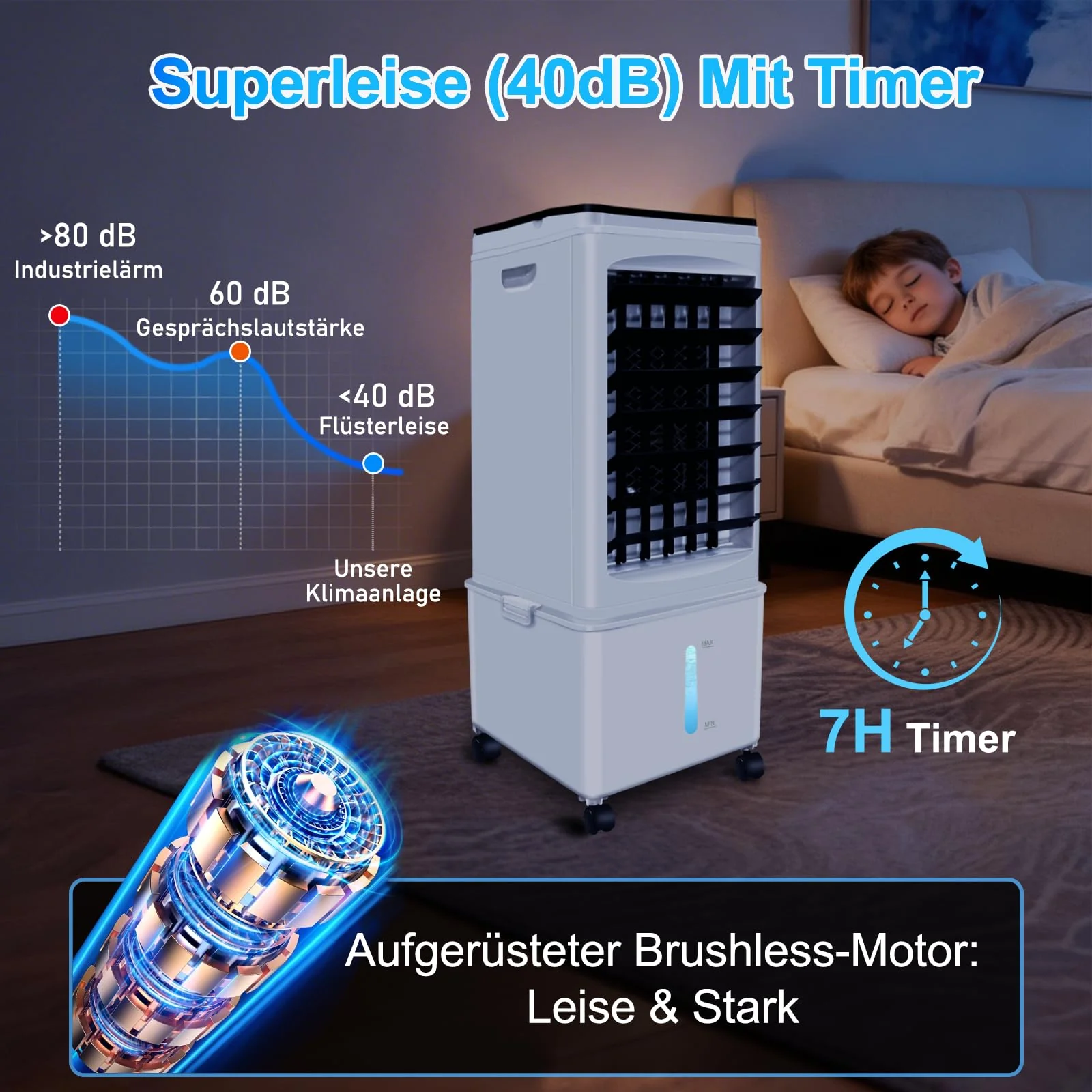 Klimagerät ohne Abluftschlauch, 10L 60W Klimaanlage Mobil mit 12H Timer, 40dB, 120°Oszillation, Abnehmbare Wassertank, Fernbedienung, Leise Portable Air Conditioner Cooler für Wohnung Zimmer Räume - Image 5