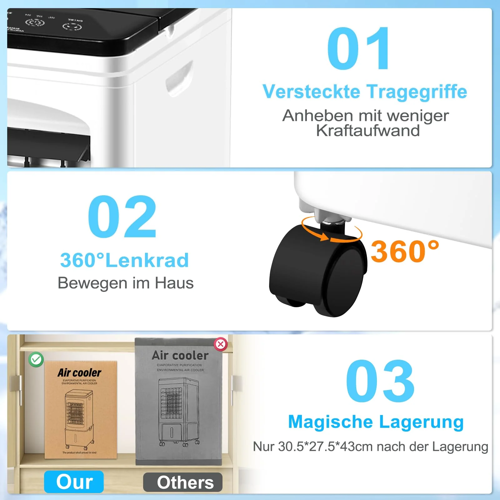 Klimagerät ohne Abluftschlauch, 10L 60W Klimaanlage Mobil mit 12H Timer, 40dB, 120°Oszillation, Abnehmbare Wassertank, Fernbedienung, Leise Portable Air Conditioner Cooler für Wohnung Zimmer Räume - Image 8