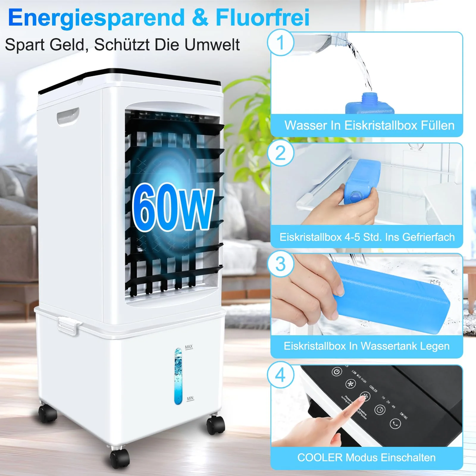 Klimagerät ohne Abluftschlauch, 10L 60W Klimaanlage Mobil mit 12H Timer, 40dB, 120°Oszillation, Abnehmbare Wassertank, Fernbedienung, Leise Portable Air Conditioner Cooler für Wohnung Zimmer Räume - Image 9