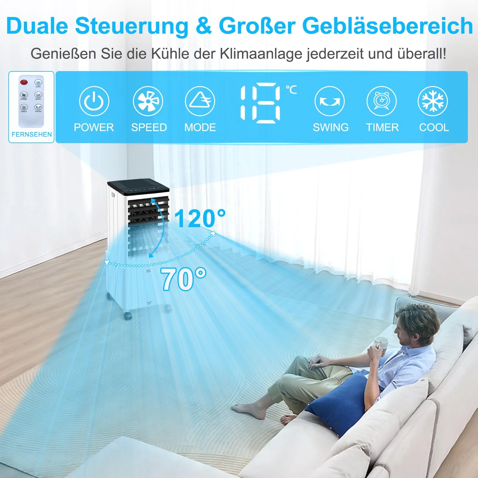 Klimagerät ohne Abluftschlauch, 14L 60W Klimaanlage Mobil mit 12H Timer, 3 Modus, 40dB, 120°Oszillation, Abnehmbare Wassertank, Fernbedienung, Leise Portable Air Conditioner für Wohnung Zimmer Räume - Image 4
