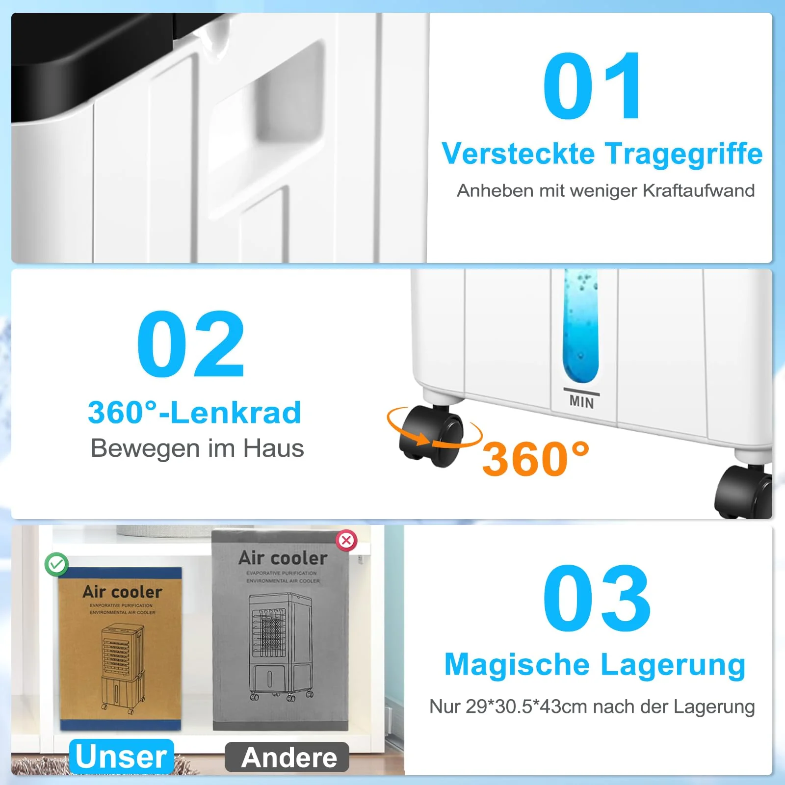 Klimagerät ohne Abluftschlauch, 14L 60W Klimaanlage Mobil mit 12H Timer, 3 Modus, 40dB, 120°Oszillation, Abnehmbare Wassertank, Fernbedienung, Leise Portable Air Conditioner für Wohnung Zimmer Räume - Image 7