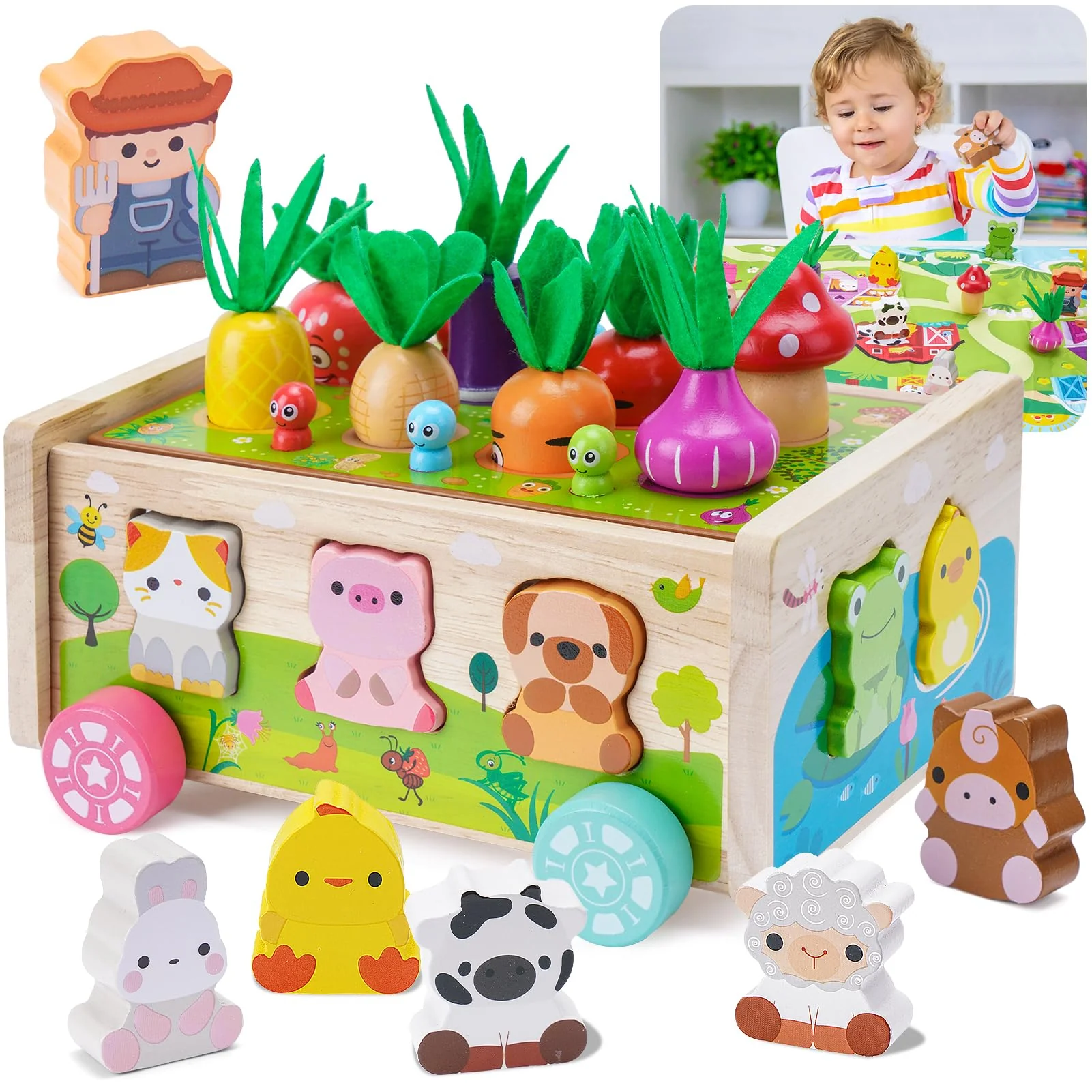 KMTJT Montessori Spielzeug ab 1 2 3 Jahr | Holzspielzeug mit Karte 7-in-1 Farmspiel Motorikspielzeug aus Holz | Kinder Karotten Steckspiel Holz | Montessori Geschenk Mädchen Jungen