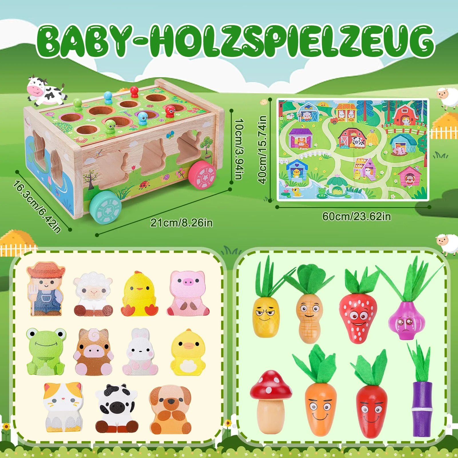 KMTJT Montessori Spielzeug ab 1 2 3 Jahr | Holzspielzeug mit Karte 7-in-1 Farmspiel Motorikspielzeug aus Holz | Kinder Karotten Steckspiel Holz | Montessori Geschenk Mädchen Jungen - Image 4