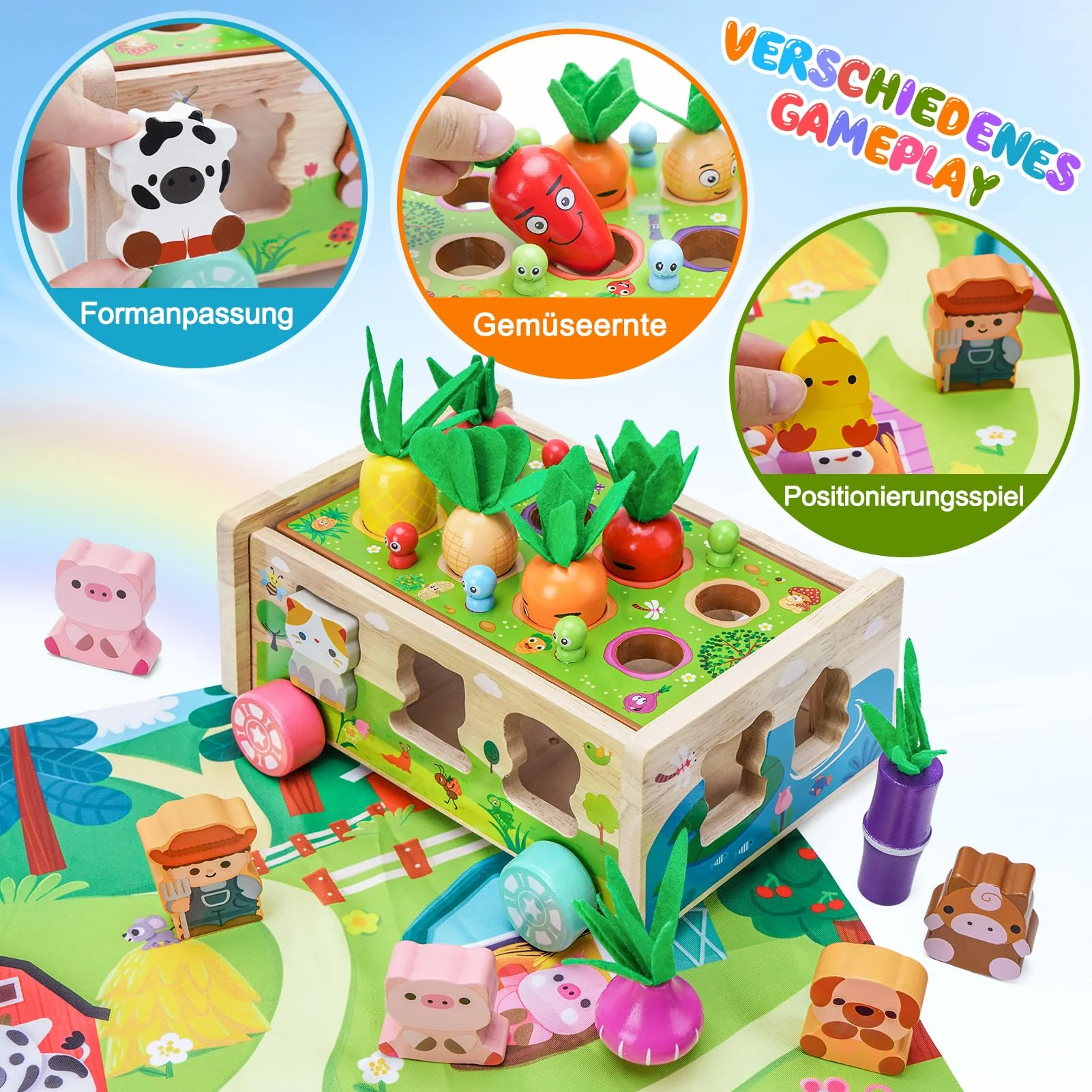 KMTJT Montessori Spielzeug ab 1 2 3 Jahr | Holzspielzeug mit Karte 7-in-1 Farmspiel Motorikspielzeug aus Holz | Kinder Karotten Steckspiel Holz | Montessori Geschenk Mädchen Jungen - Image 6