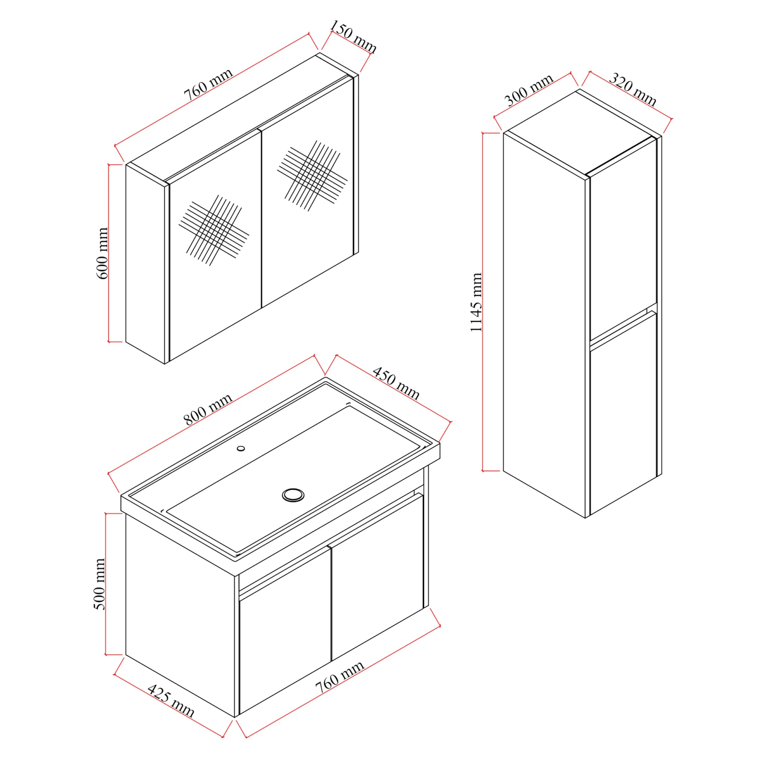 Komplettprogramme Badezimmermöbel Set Dallas 80 cm | Keramikwaschbecken | Spiegelschrank | Unterschrank | Hochschrank | Waschbeckenunterschrank Waschbeckenschrank Badezimmerschrank Badmöbelset - Image 4