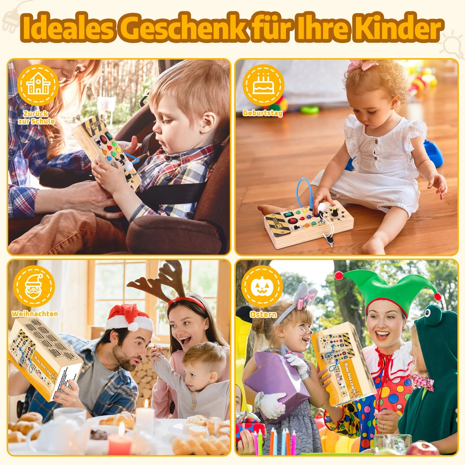 Konijiwa Montessori Busy Board 1 Jahr alt Kinder Activity Board Holzspielzeug mit 8 LED-Lichtschalter Spielzeug Sensory Learning Toys Geeignet für 1 2 3 4 Jahre alte Babys - Image 2