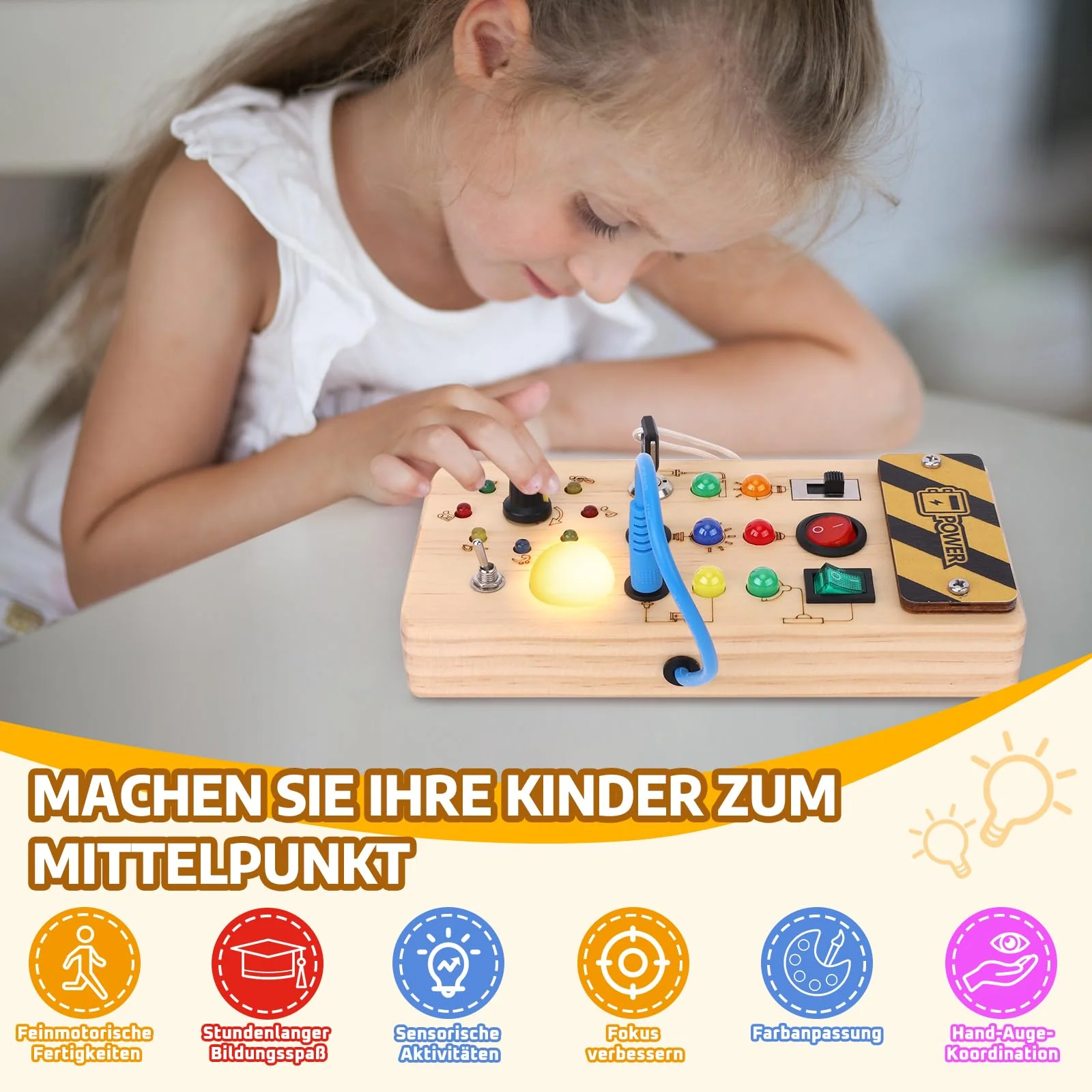 Konijiwa Montessori Busy Board 1 Jahr alt Kinder Activity Board Holzspielzeug mit 8 LED-Lichtschalter Spielzeug Sensory Learning Toys Geeignet für 1 2 3 4 Jahre alte Babys - Image 3