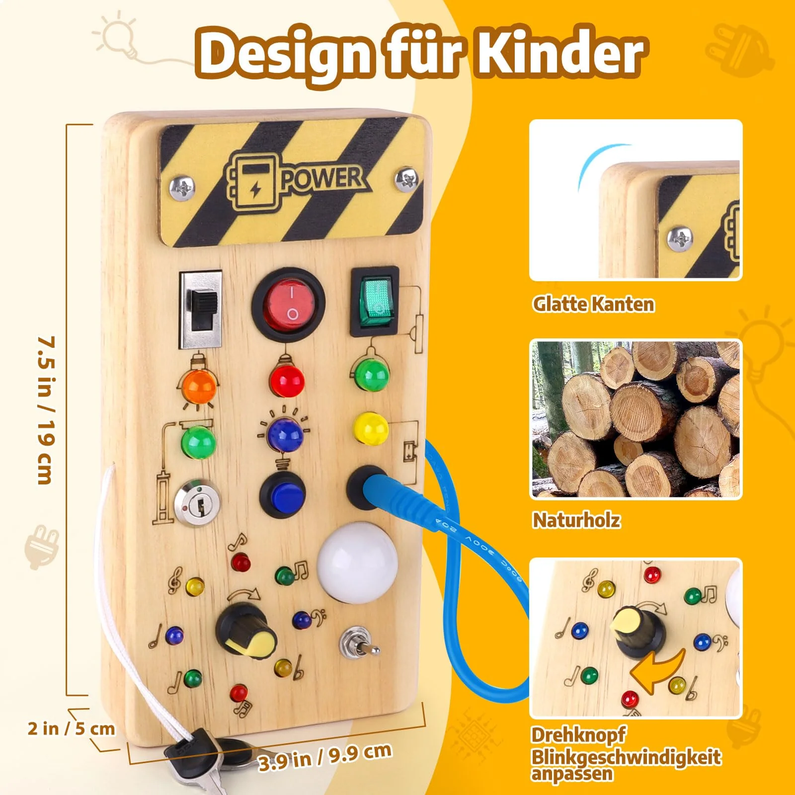 Konijiwa Montessori Busy Board 1 Jahr alt Kinder Activity Board Holzspielzeug mit 8 LED-Lichtschalter Spielzeug Sensory Learning Toys Geeignet für 1 2 3 4 Jahre alte Babys - Image 4