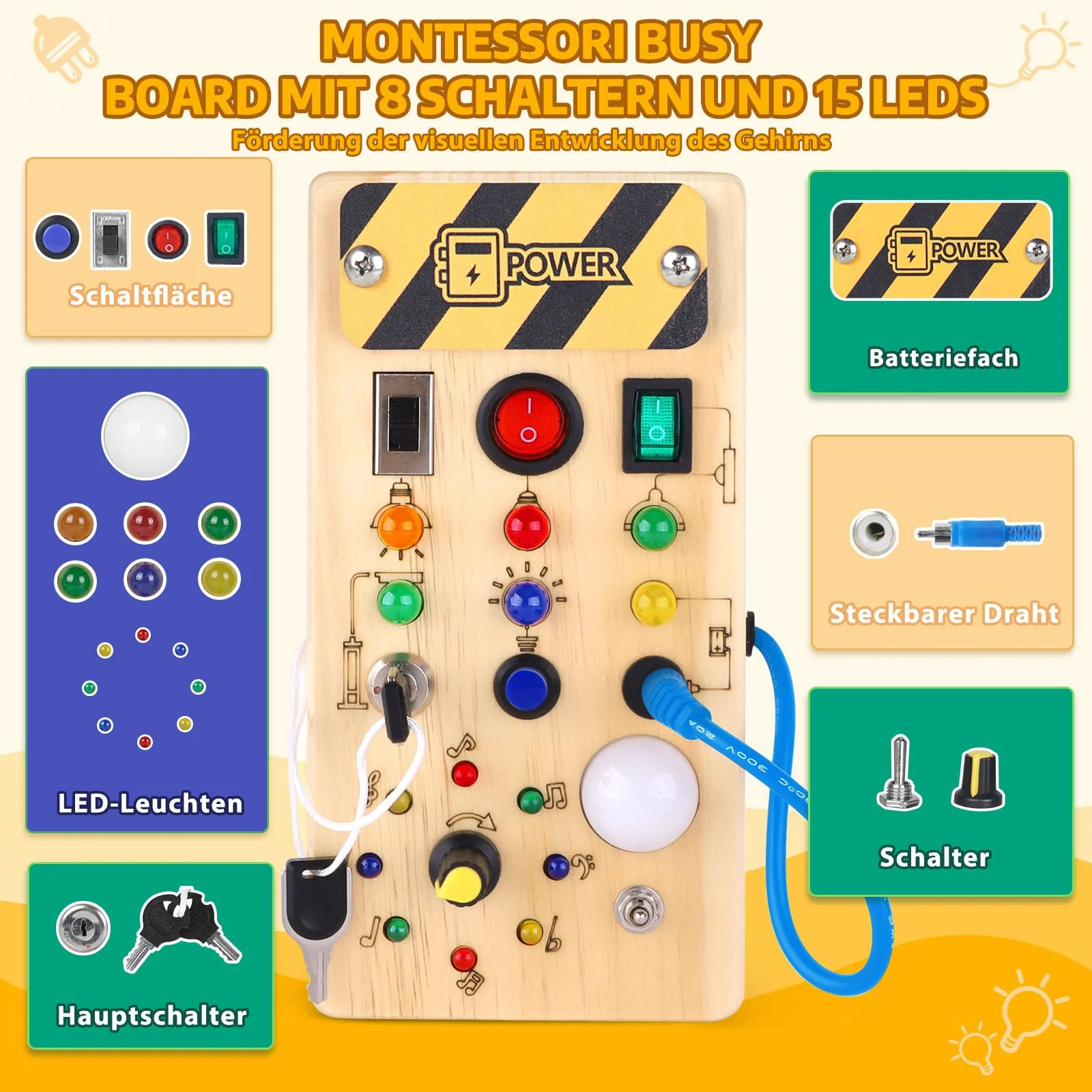 Konijiwa Montessori Busy Board 1 Jahr alt Kinder Activity Board Holzspielzeug mit 8 LED-Lichtschalter Spielzeug Sensory Learning Toys Geeignet für 1 2 3 4 Jahre alte Babys - Image 6