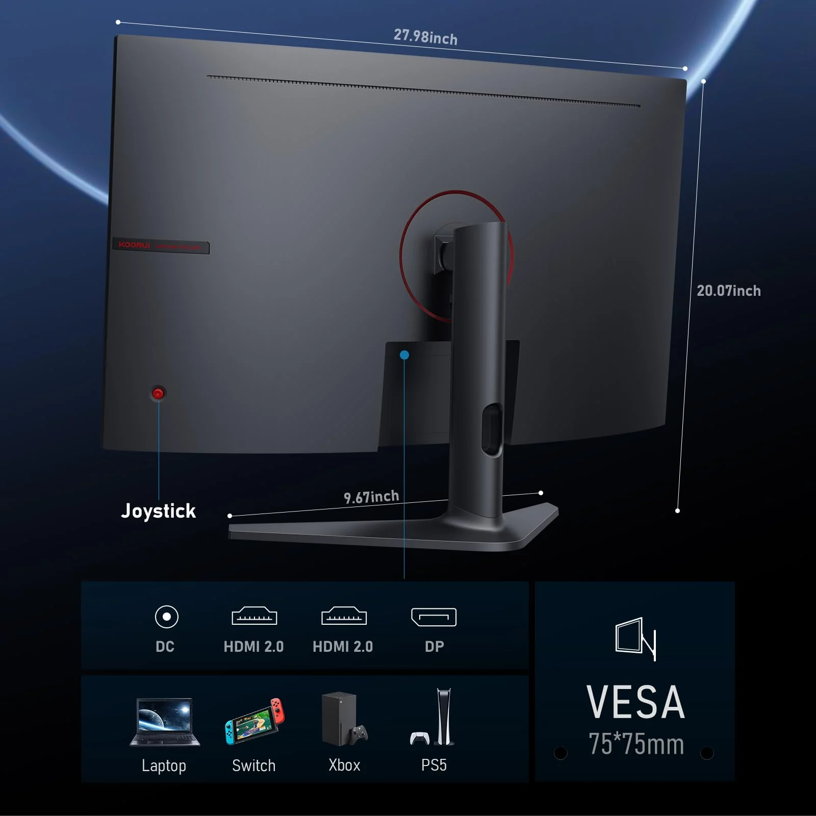 KOORUI 32 Zoll Curved Ultrawide Gaming Monitor, 2K QHD(2560x1440), 170Hz, 1ms, 1500R, VA, HDR 10, 2xHDMI (170Hz or 144Hz), DP (170Hz), AdaptiveSync, DCI-P3 90%, SRGB100%, VESA 75x75mm, Augenpflege - Image 3