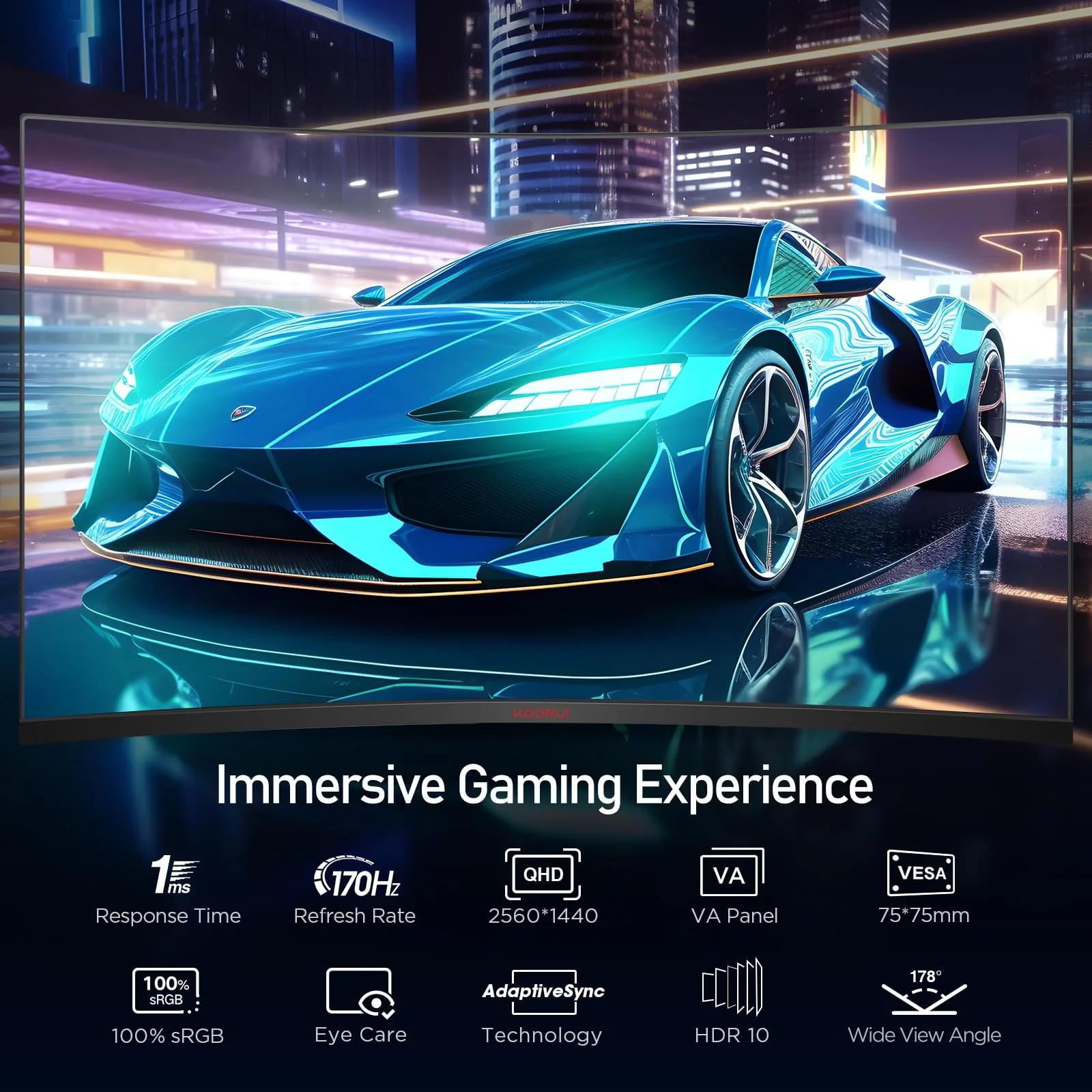 KOORUI 32 Zoll Curved Ultrawide Gaming Monitor, 2K QHD(2560x1440), 170Hz, 1ms, 1500R, VA, HDR 10, 2xHDMI (170Hz or 144Hz), DP (170Hz), AdaptiveSync, DCI-P3 90%, SRGB100%, VESA 75x75mm, Augenpflege - Image 5